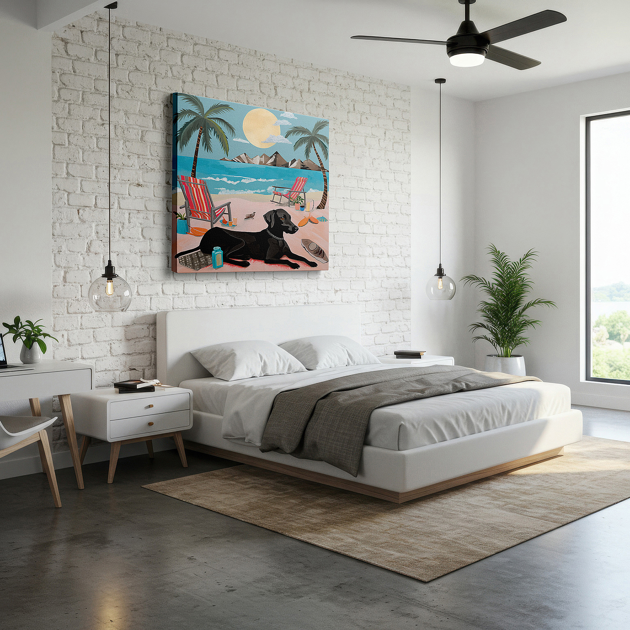 Installation made easy with a centered hook and clean wire mount — wall art: tranquil beach landscape featuring a black dog among palms and gentle sands - large canvas wall art for home and office decor, perfect for living room and bedroom