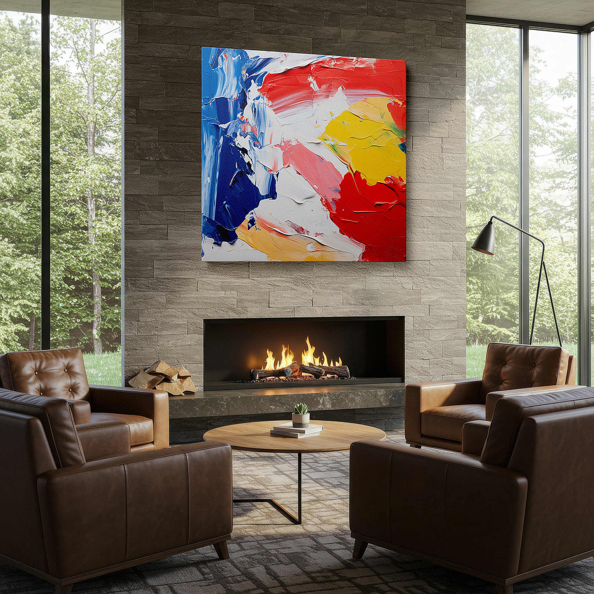Installation made easy with a centered hook and clean wire mount — wall art: a vivid emotional spectrum. bold, textured strokes of red, blue, yellow, and white sweep across the canvas. large wall art, canvas wall art, wall art decor.