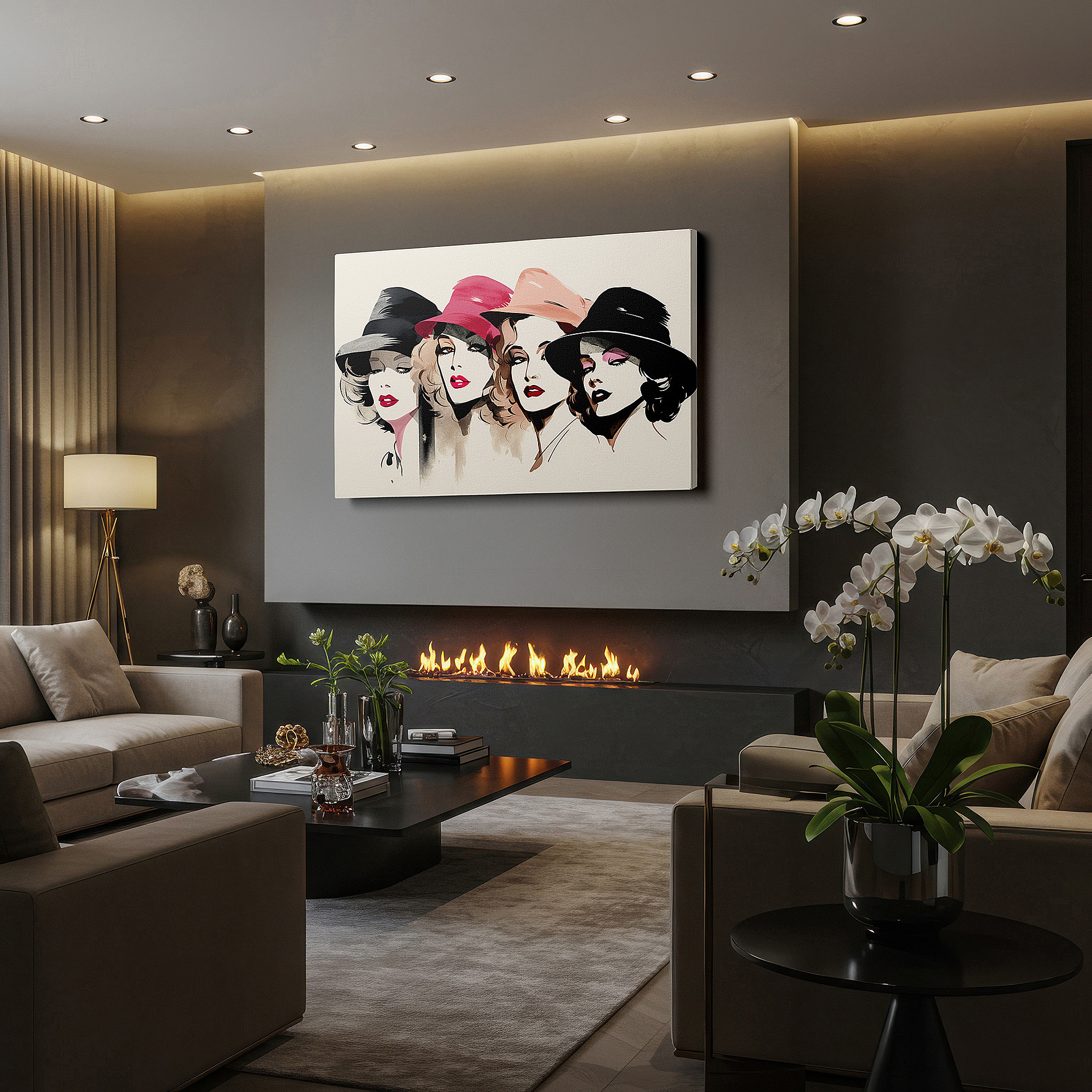 Installation made easy with a centered hook and clean wire mount — wall decor: elegant early 20th century fashion with four women in unique hats - large canvas art for home and office