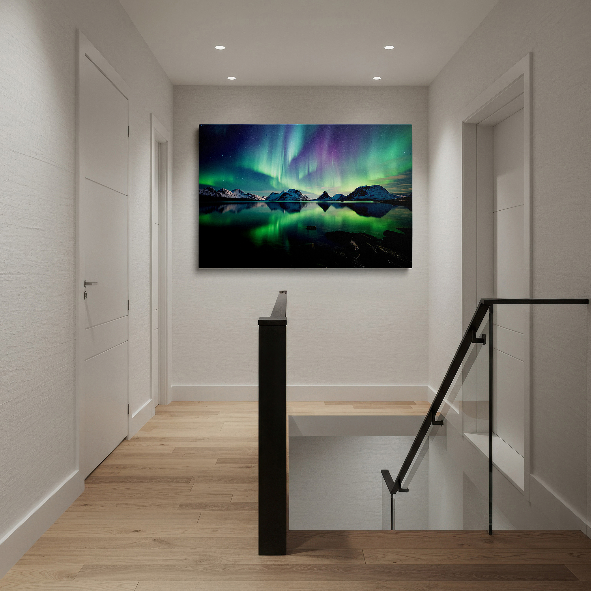 Lighting brings out layered depth in the print’s surface grain — aurora borealis over peaceful mountains and reflective waters large canvas wall art for office decor