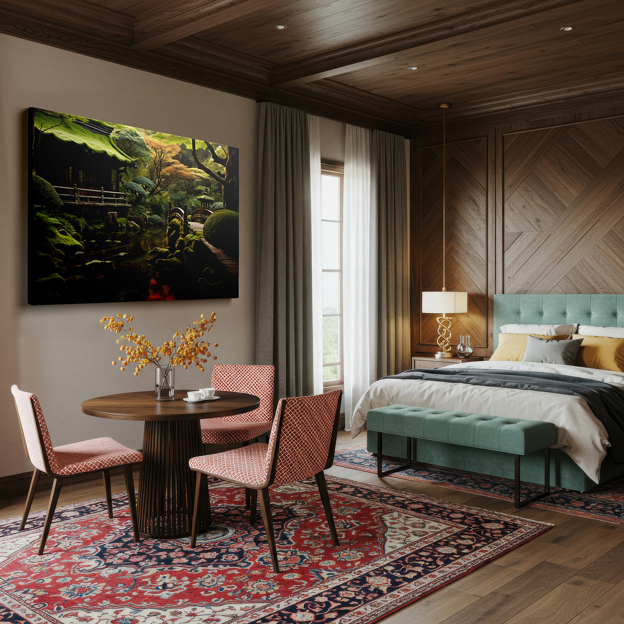 Lighting brings out layered depth in the print’s surface grain — autumnal tranquility in a japanese garden - exquisite large wall art celebrating nature's peace and seasonal charm, canvas wall art, wall decor