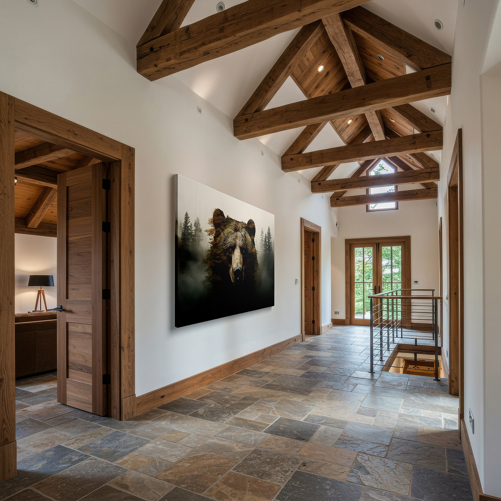 Lighting brings out layered depth in the print’s surface grain — bear emerging from a misty forest: a perfect fusion of wild spirit and peaceful woods - large canvas wall art for home and office decor