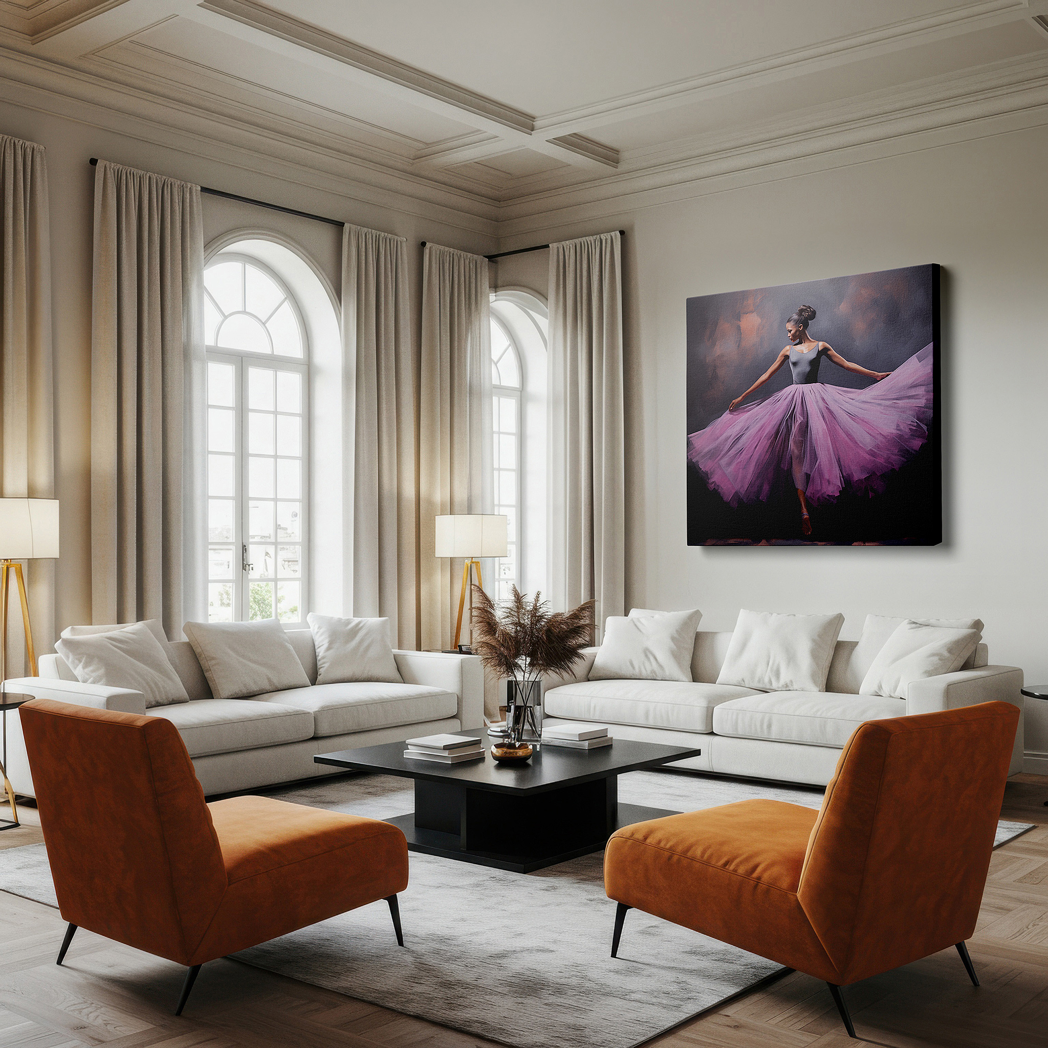 Lighting brings out layered depth in the print’s surface grain — captivating dancer in pink tulle wall art: emotion and motion in light and shadow, ideal for office decor, large canvas wall art