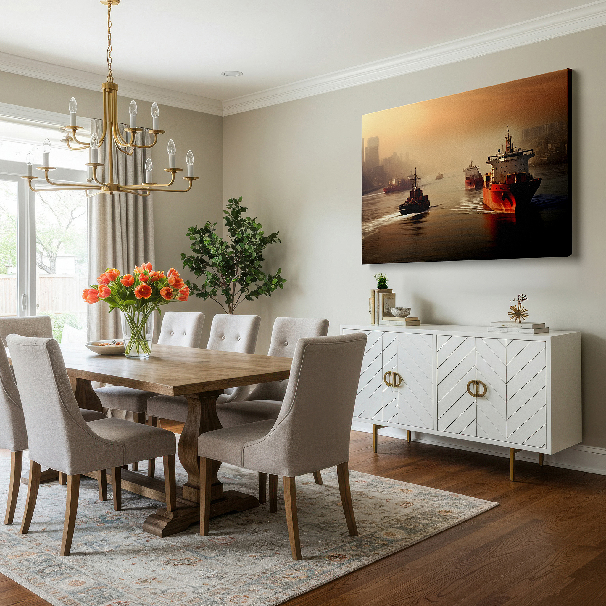 Lighting brings out layered depth in the print’s surface grain — cargo ships at dusk: where industrial energy and scenic calm merge in a reflective waterway scene - large wall art, canvas wall art, wall decor for office
