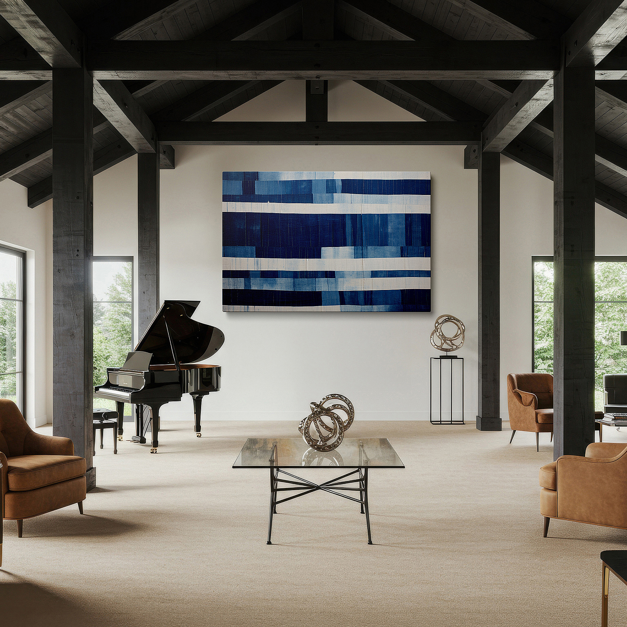 Lighting brings out layered depth in the print’s surface grain — contemporary elegance in bold blue and white stripes: large canvas wall art for office decor