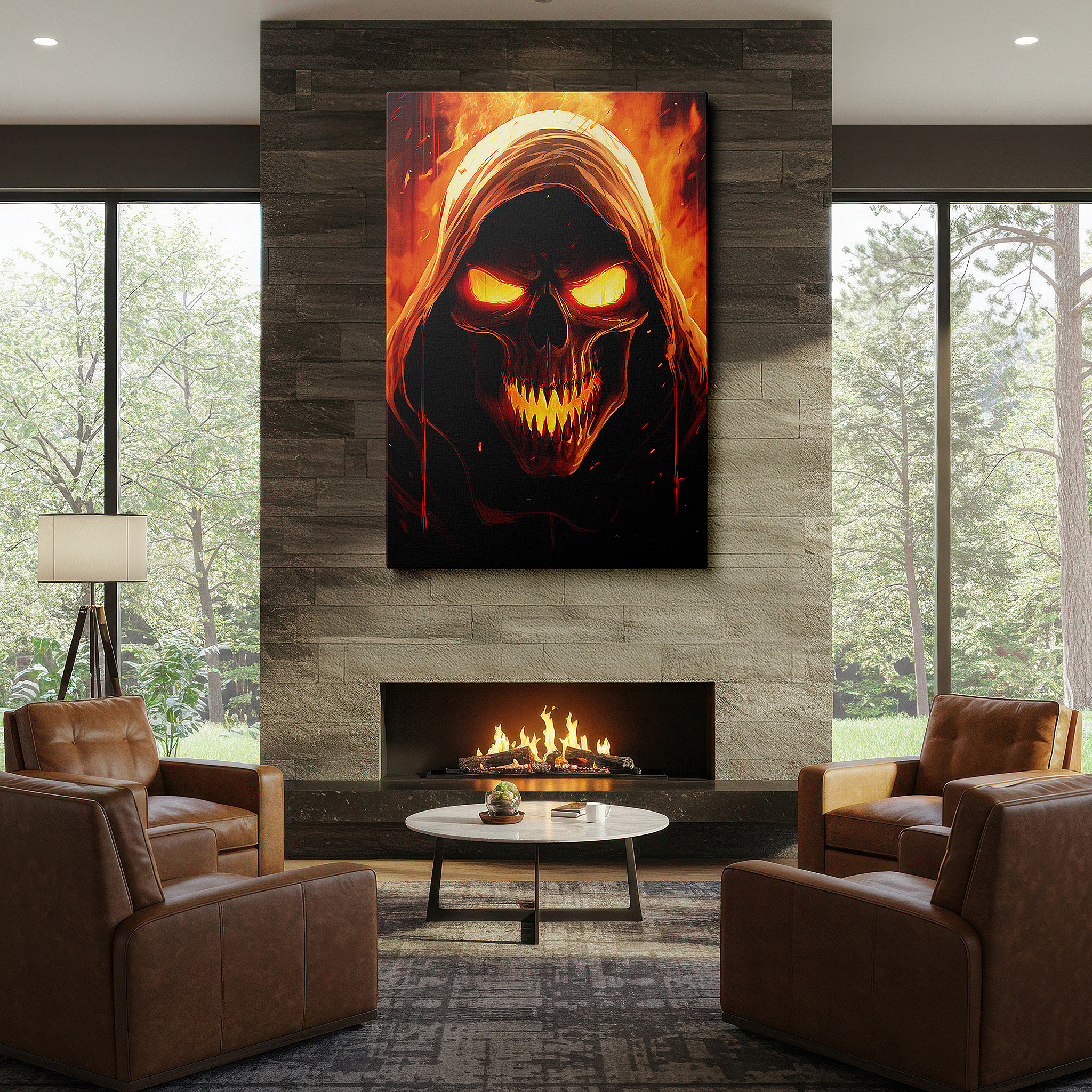 Lighting brings out layered depth in the print’s surface grain — dance of death and passion in flames wall art, large canvas decor for office, bedroom, and living room