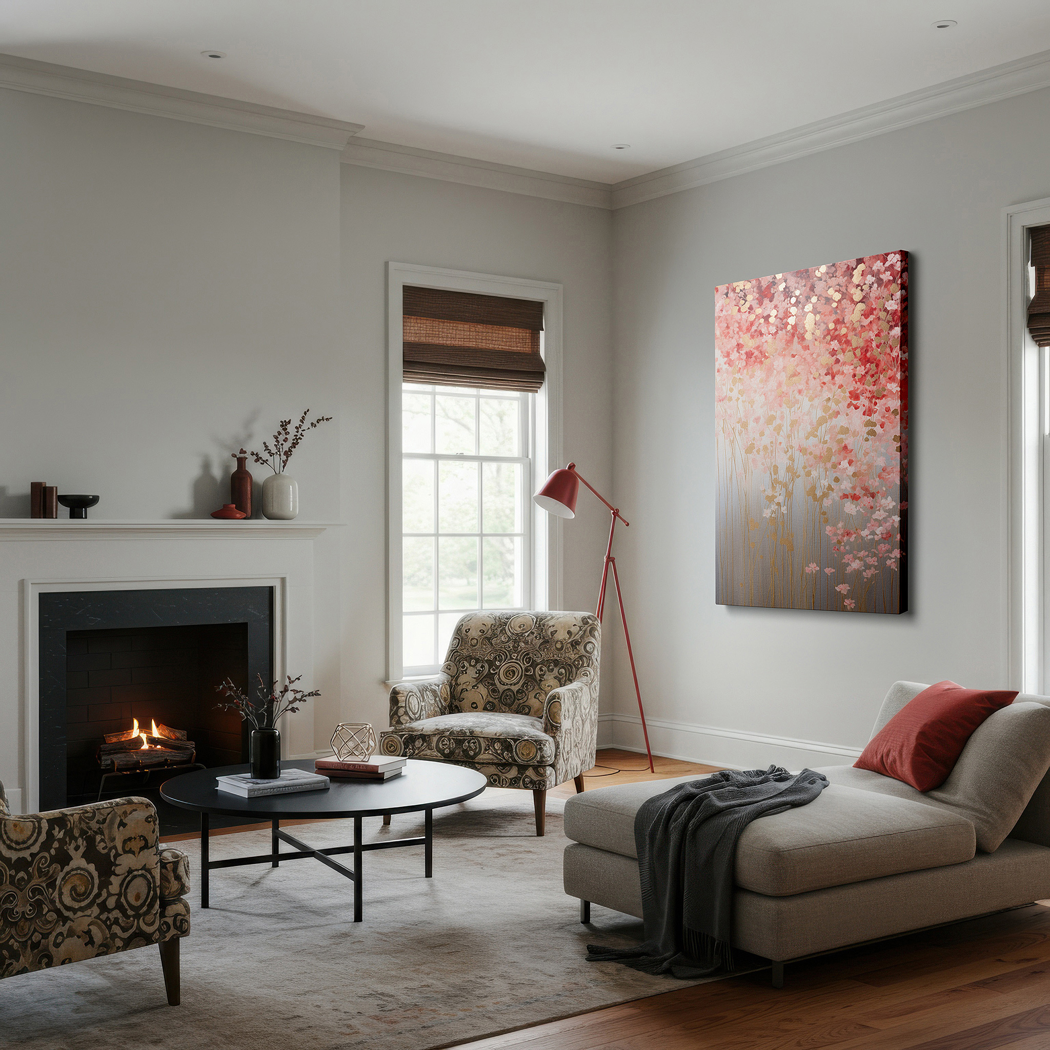 Lighting brings out layered depth in the print’s surface grain — dreamy floral composition with ethereal beauty and tranquility, featuring golden accents - large canvas wall art for office decor