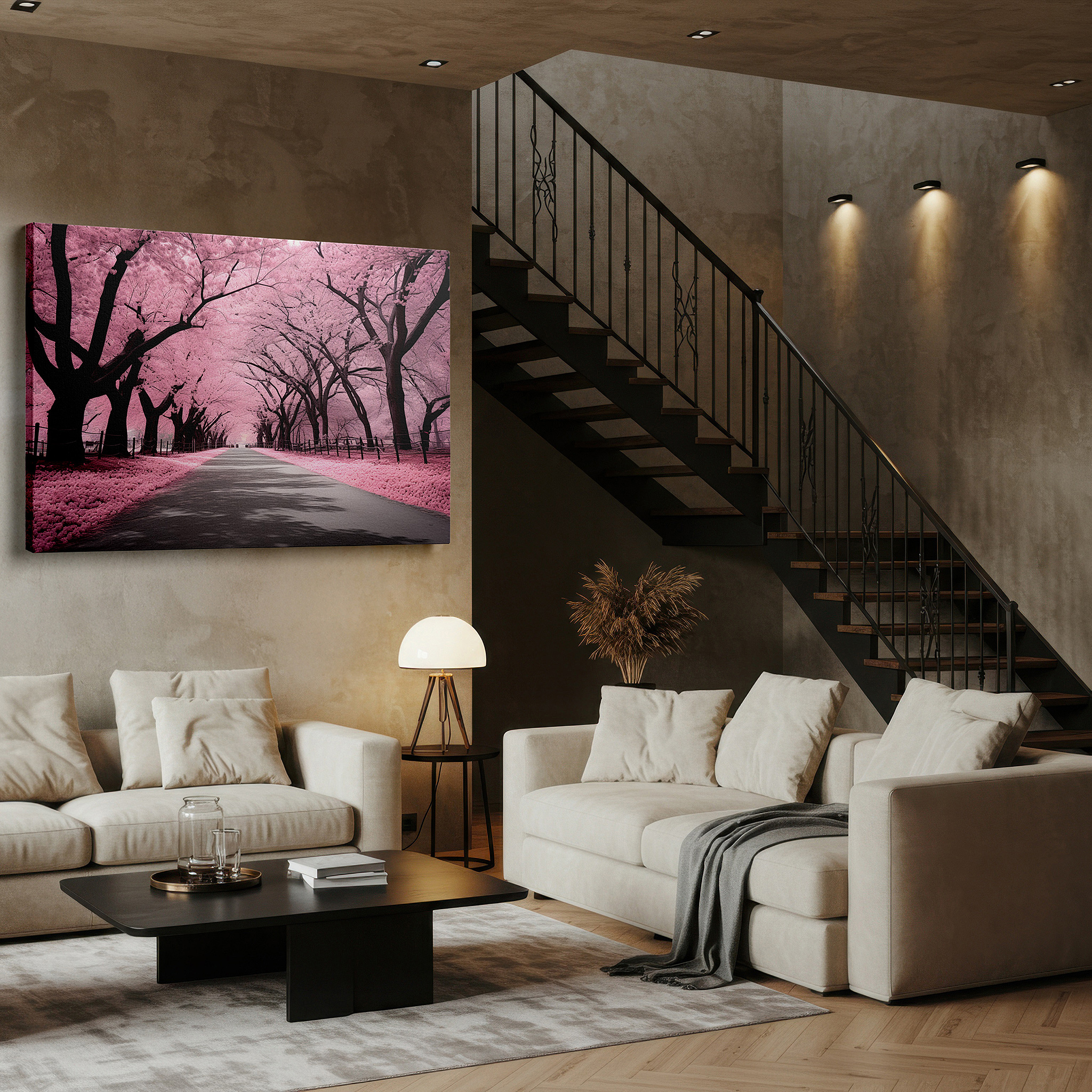 Lighting brings out layered depth in the print’s surface grain — dreamy pink cherry blossom pathway large canvas wall art for office, bedroom, and living room decor