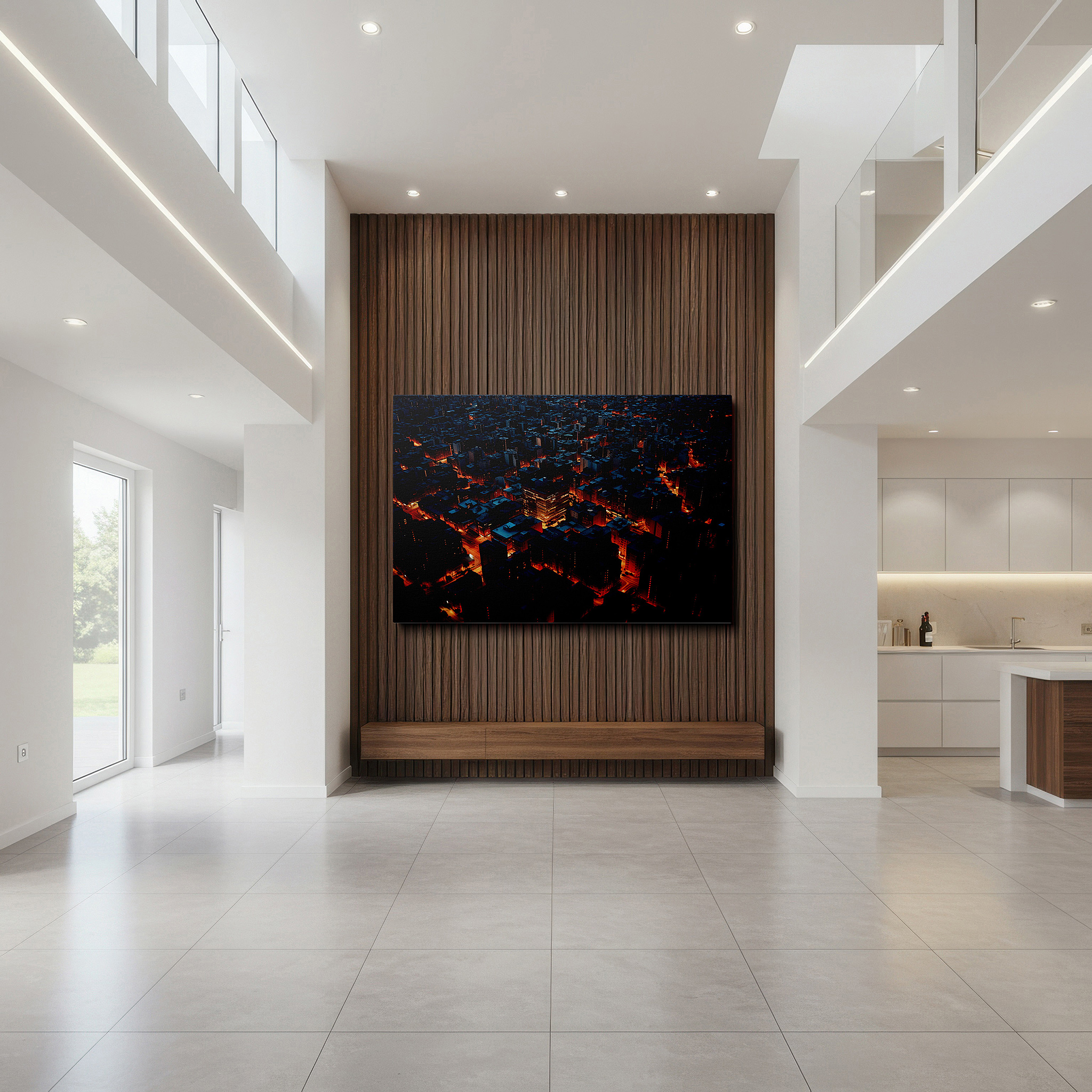 Lighting brings out layered depth in the print’s surface grain — dynamic urban nightscape with golden street lights large canvas wall art for office and bedroom decor