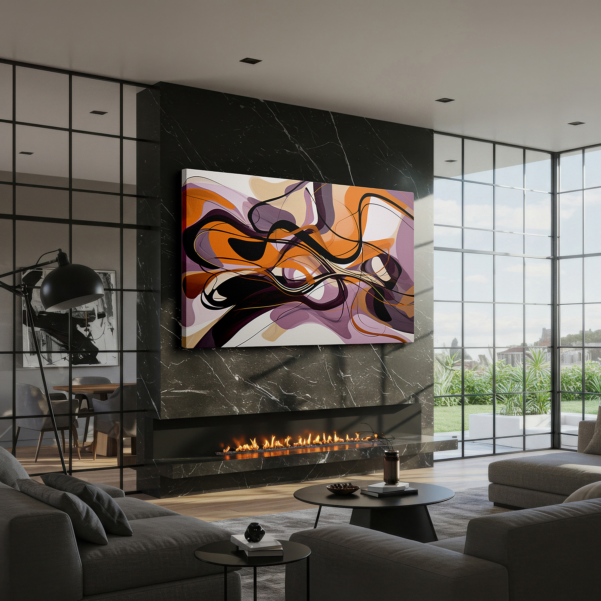 Lighting brings out layered depth in the print’s surface grain — earthy tones and structured chaos: large wall art featuring deep purples, vibrant oranges, and stark blacks - canvas wall art for office decor