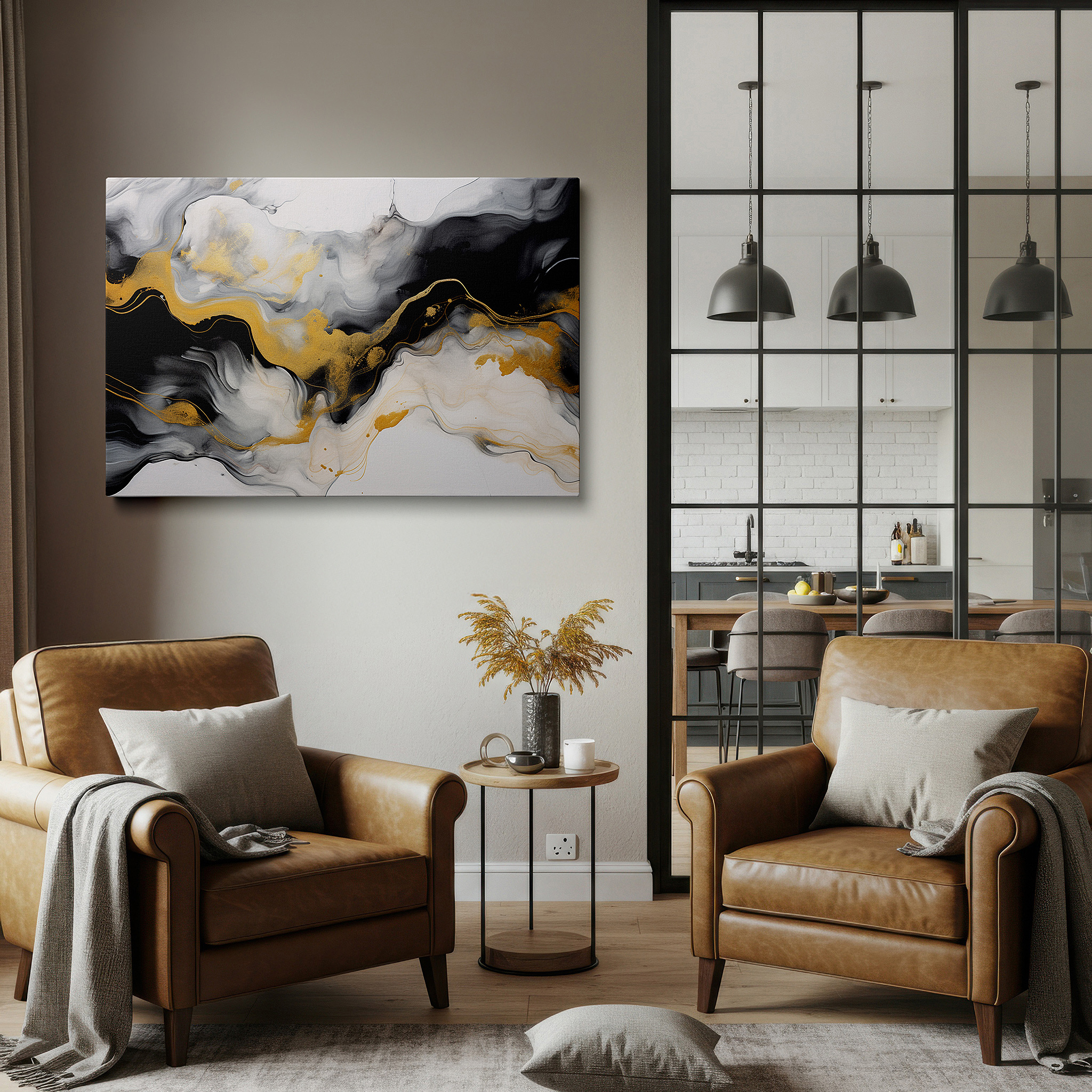 Lighting brings out layered depth in the print’s surface grain — elegant fusion of rich blacks and luminous golds in abstract motion, large wall art, canvas wall art, wall decor for office and bedroom