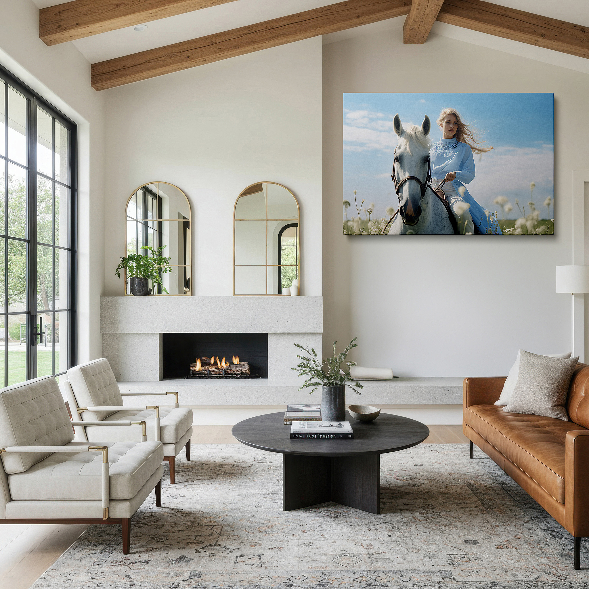 Lighting brings out layered depth in the print’s surface grain — elegant lady and noble white horse in a wildflower meadow under a bright blue sky - large canvas wall art for home and office decor