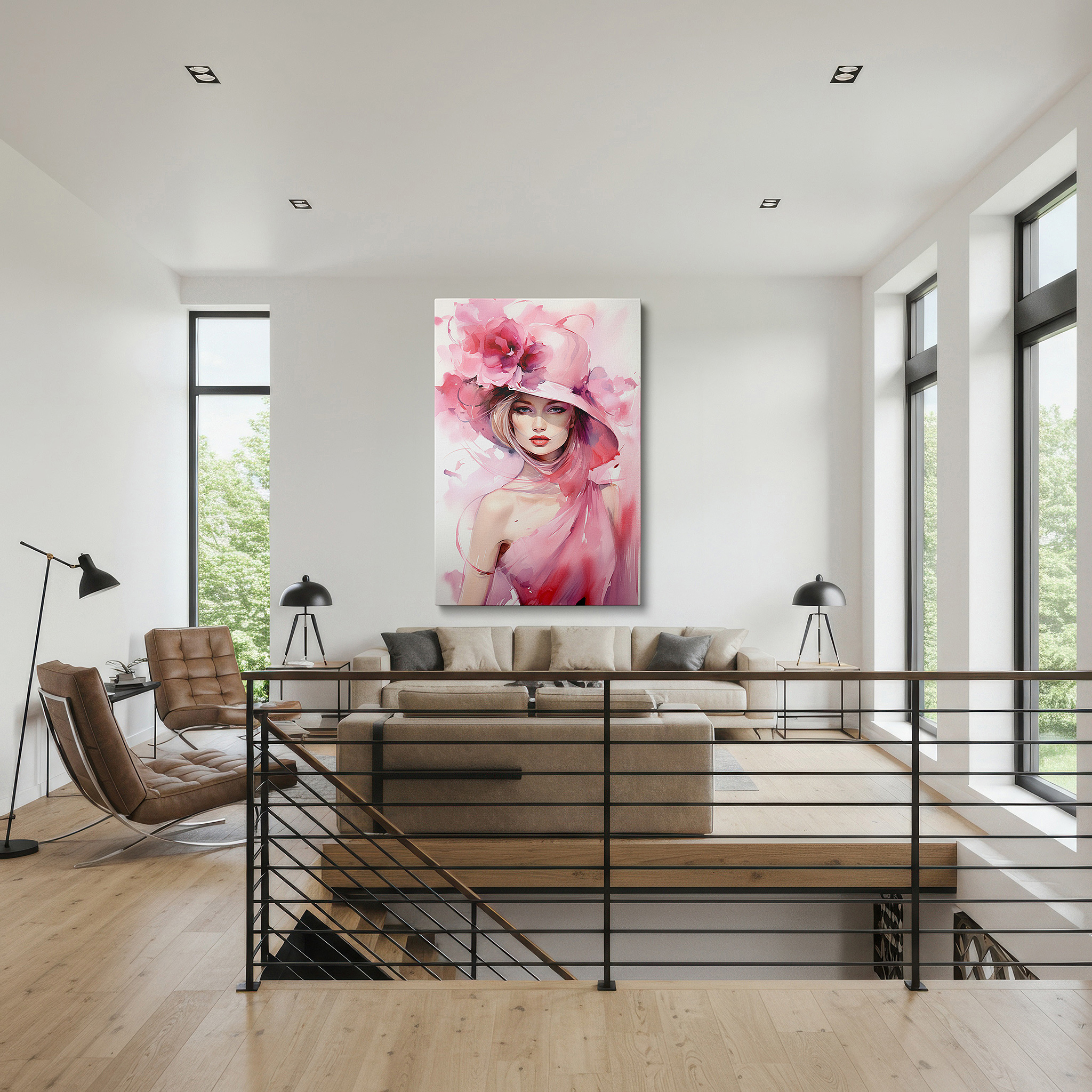 Lighting brings out layered depth in the print’s surface grain — enchanting large canvas wall art featuring a woman in a pink floral hat, perfect for office, bedroom, or living room decor