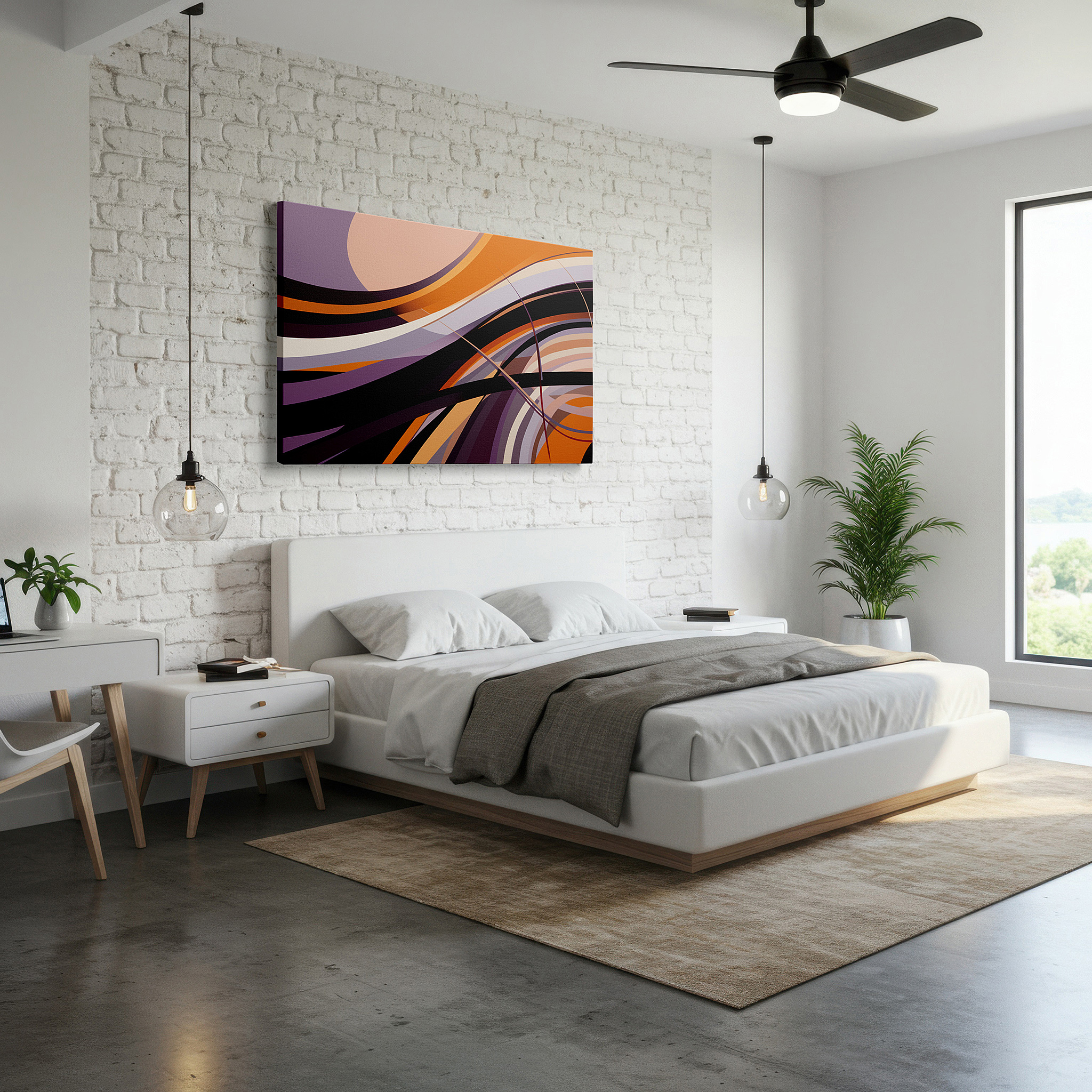 Lighting brings out layered depth in the print’s surface grain — flowing curves in vibrant orange, purple, and black - large canvas wall art for office and bedroom decor