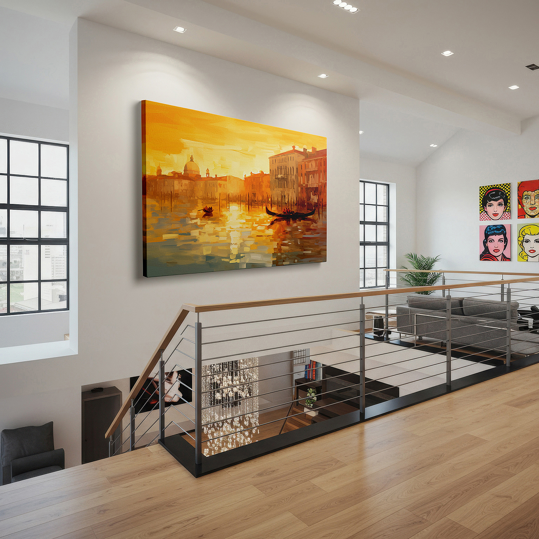 Lighting brings out layered depth in the print’s surface grain — golden reflections dance across serene waters: vibrant abstract canvas wall art for office, bedroom, and home decor