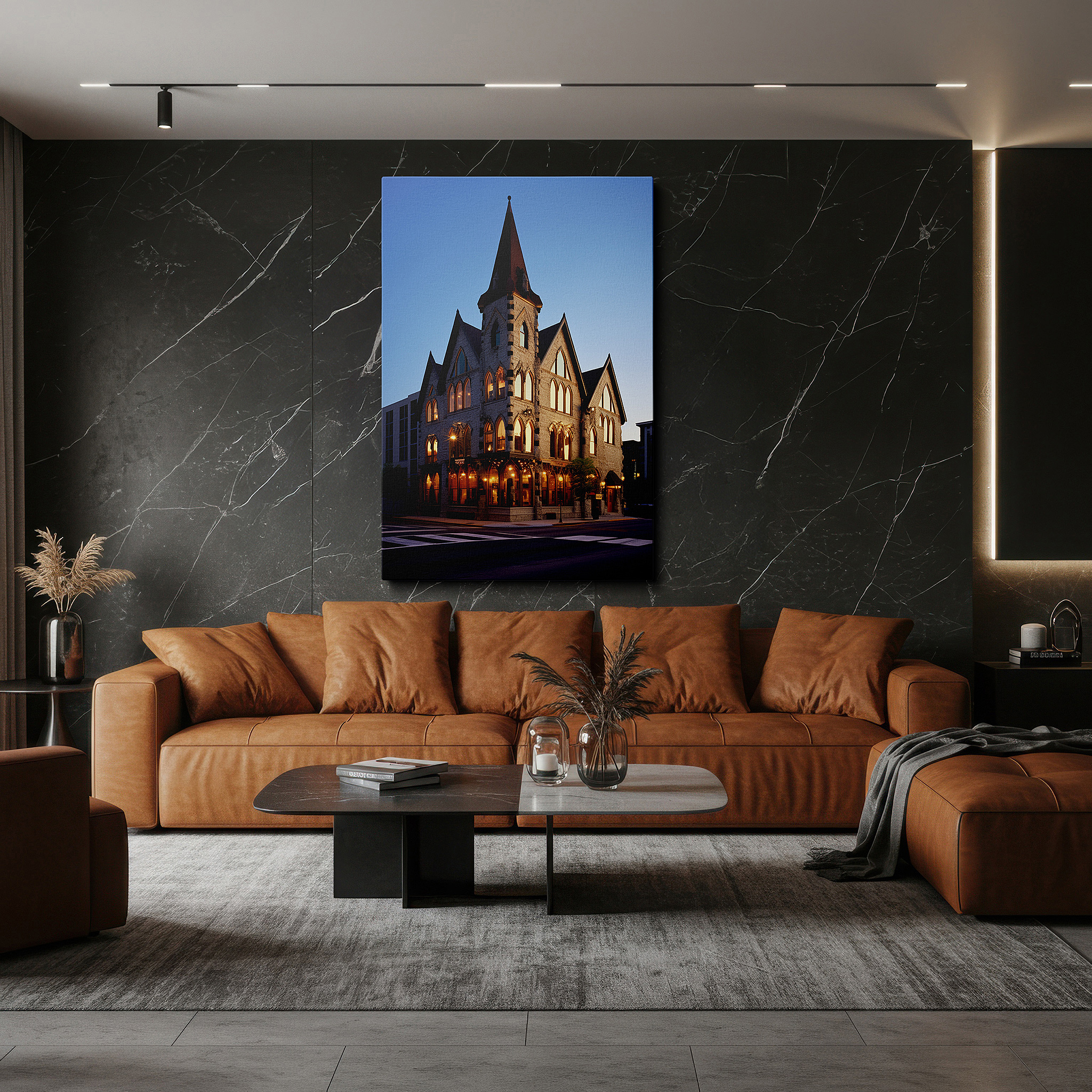 Lighting brings out layered depth in the print’s surface grain — gothic splendor at twilight: celebrating architectural grace and historical radiance - large wall art, canvas wall art, wall decor for offices