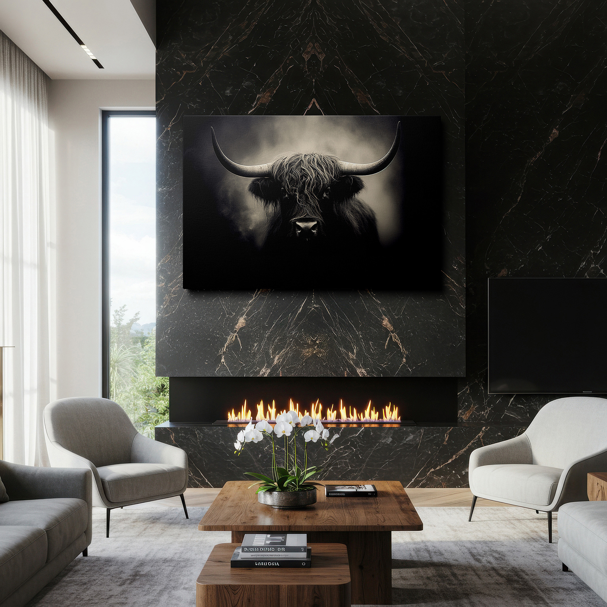 Lighting brings out layered depth in the print’s surface grain — highland cow portrait - resilience and beauty in nature large wall art, canvas wall art, wall decor for office and bedroom