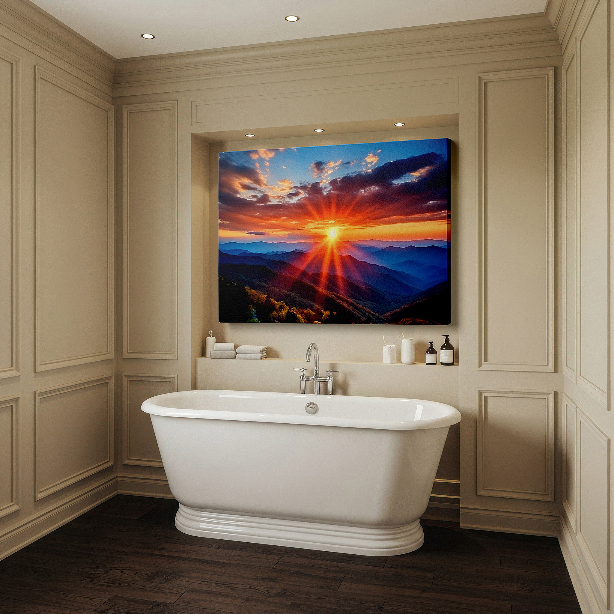 Lighting brings out layered depth in the print’s surface grain — majestic mountain sunrise - a canvas of light and renewal: large wall art for offices and bedrooms