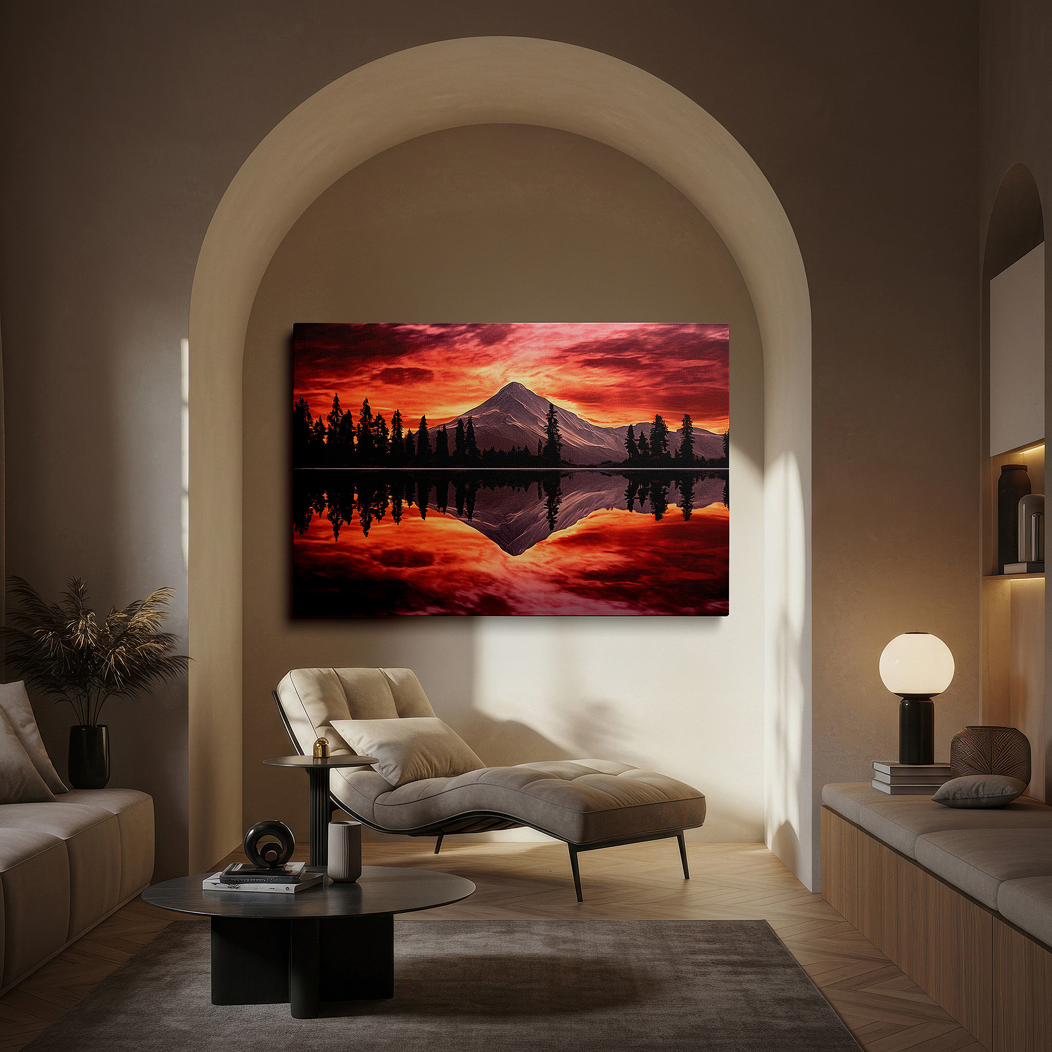 Lighting brings out layered depth in the print’s surface grain — majestic mountain sunset reflections on tranquil waters - large canvas wall art for office, bedroom, and living room decor
