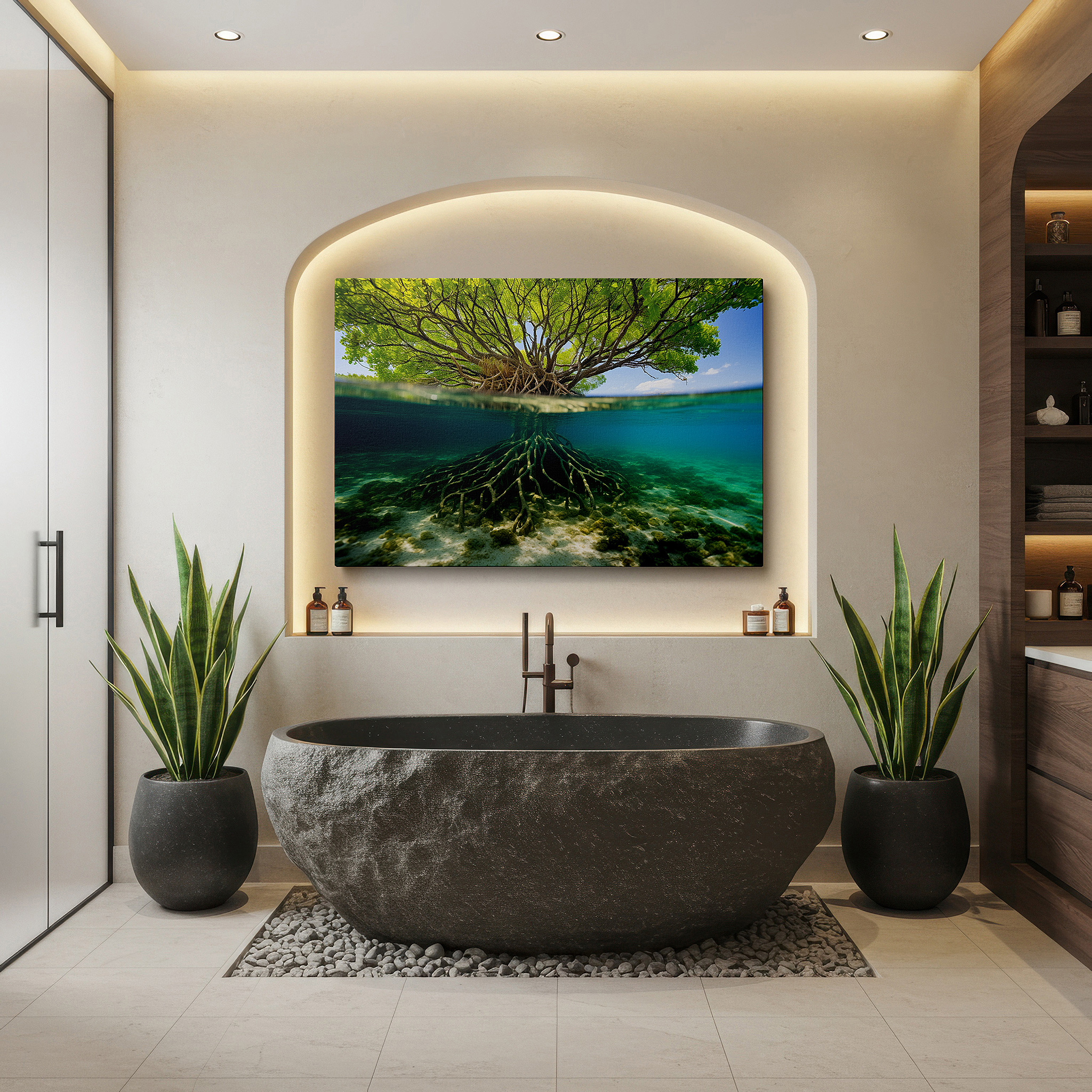 Lighting brings out layered depth in the print’s surface grain — mangrove majesty: a vibrant underwater mosaic of life and resilience - large wall art, canvas wall art, wall decor for office and bedroom