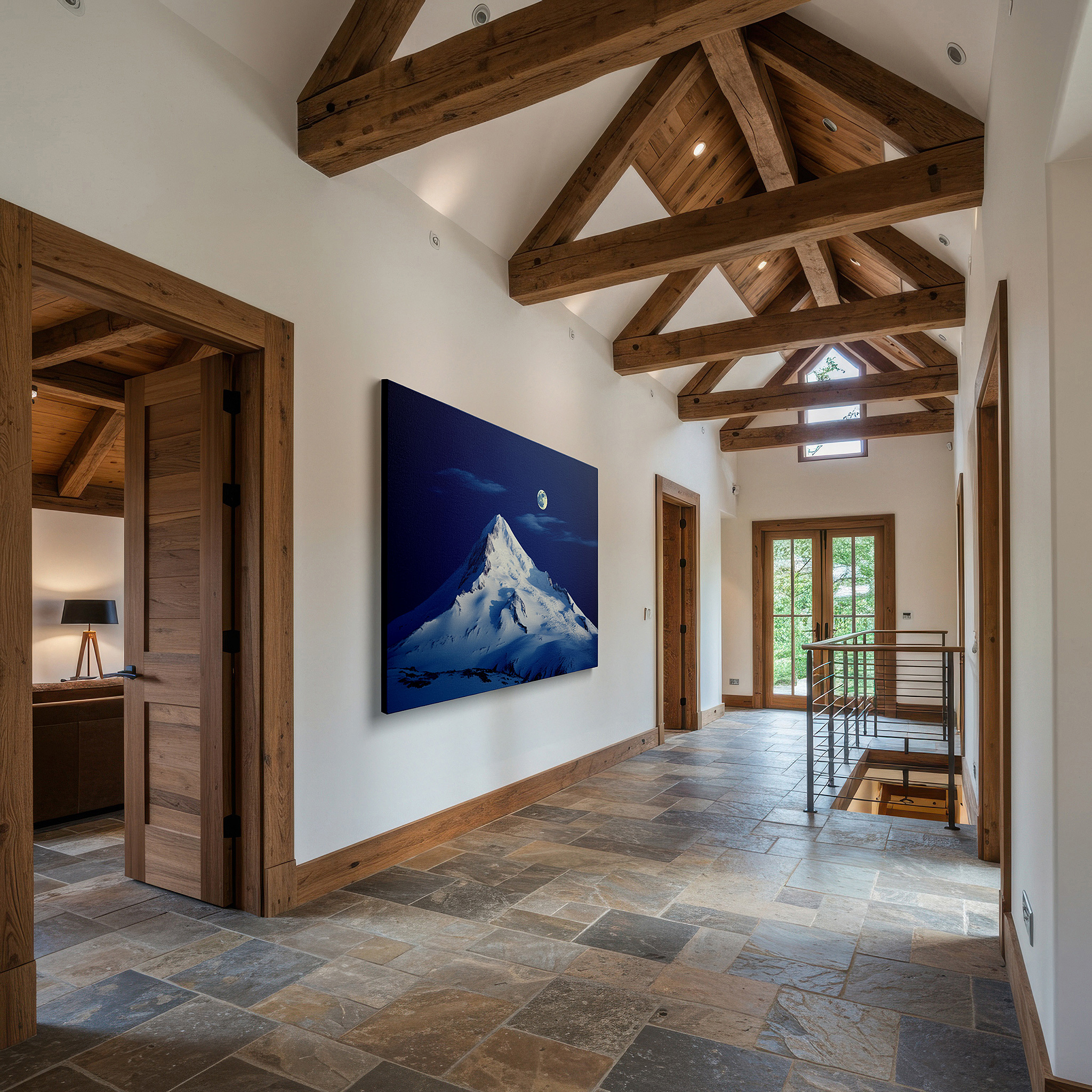 Lighting brings out layered depth in the print’s surface grain — moonlit majestic mountain peak with starry sky, serene wilderness large canvas wall art for office decor