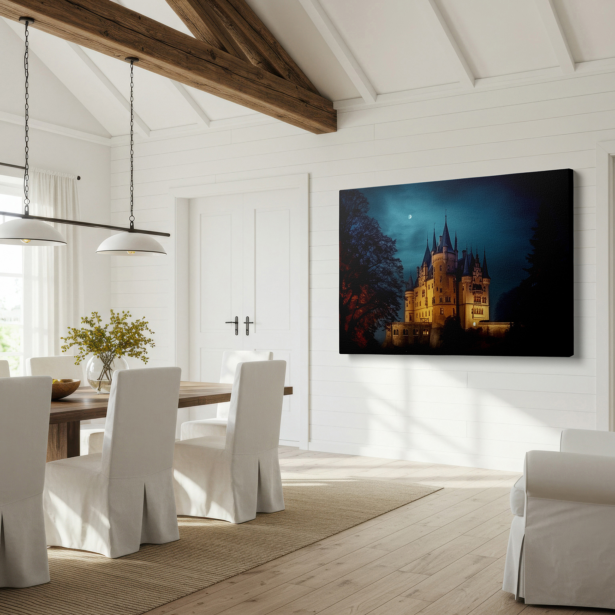 Lighting brings out layered depth in the print’s surface grain — moonlit mystical gothic castle, enchanting glow with intricate stonework, large canvas wall art for office decor