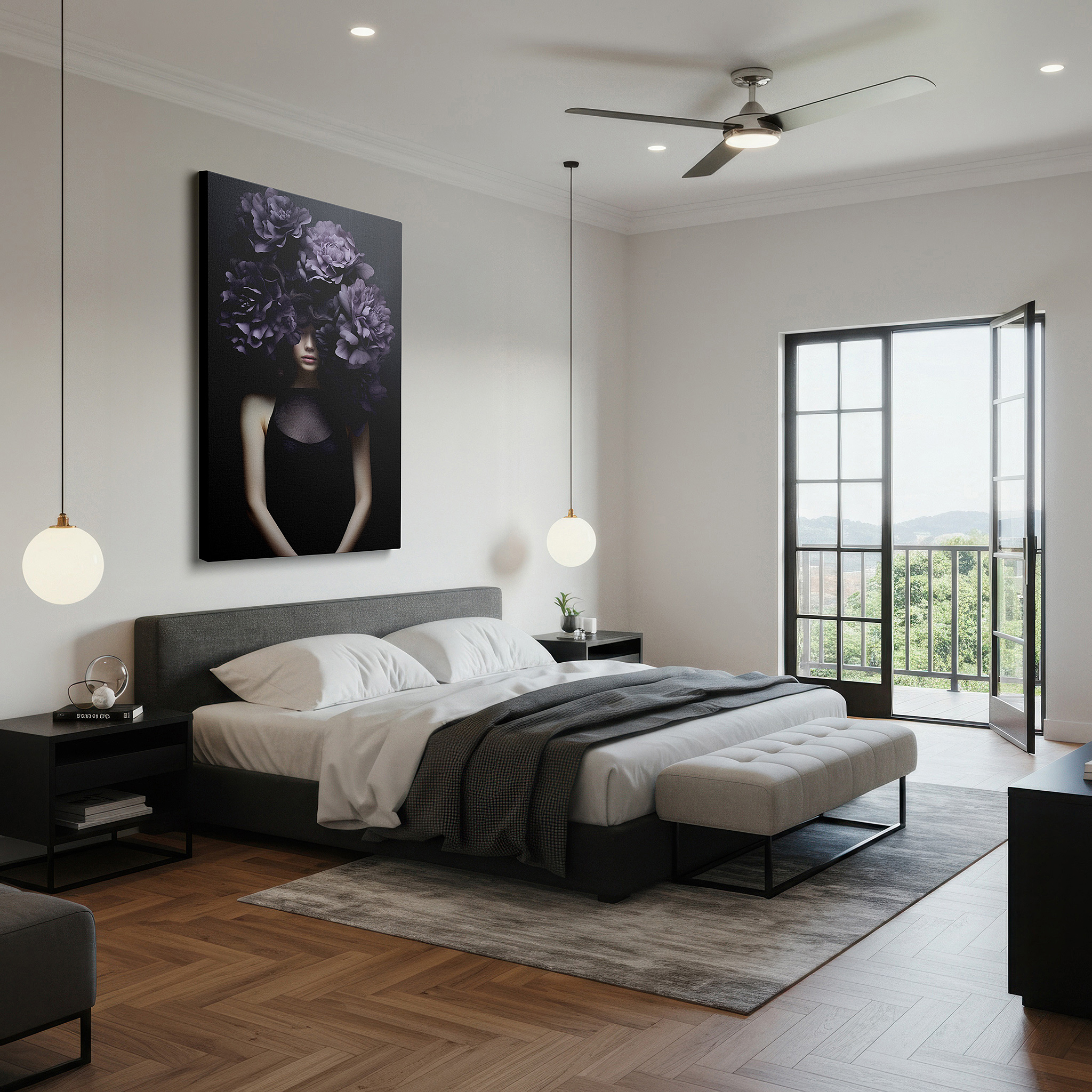 Lighting brings out layered depth in the print’s surface grain — mysterious charm of nature in chiaroscuro: large wall art for offices, bedrooms, and living rooms