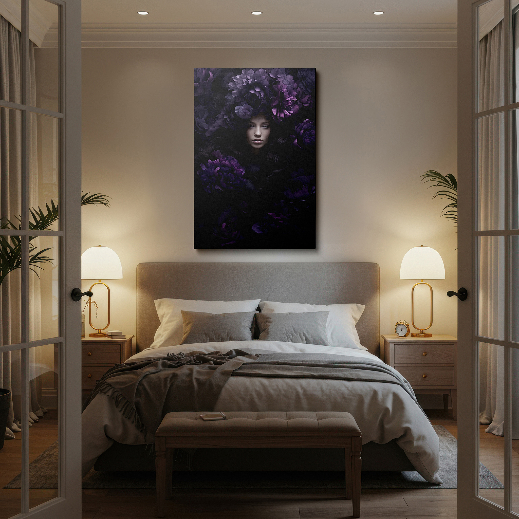 Lighting brings out layered depth in the print’s surface grain — mystical beauty surrounded by nature, tranquil fusion of femininity and floral splendor large wall art, canvas wall art, wall decor, office wall art