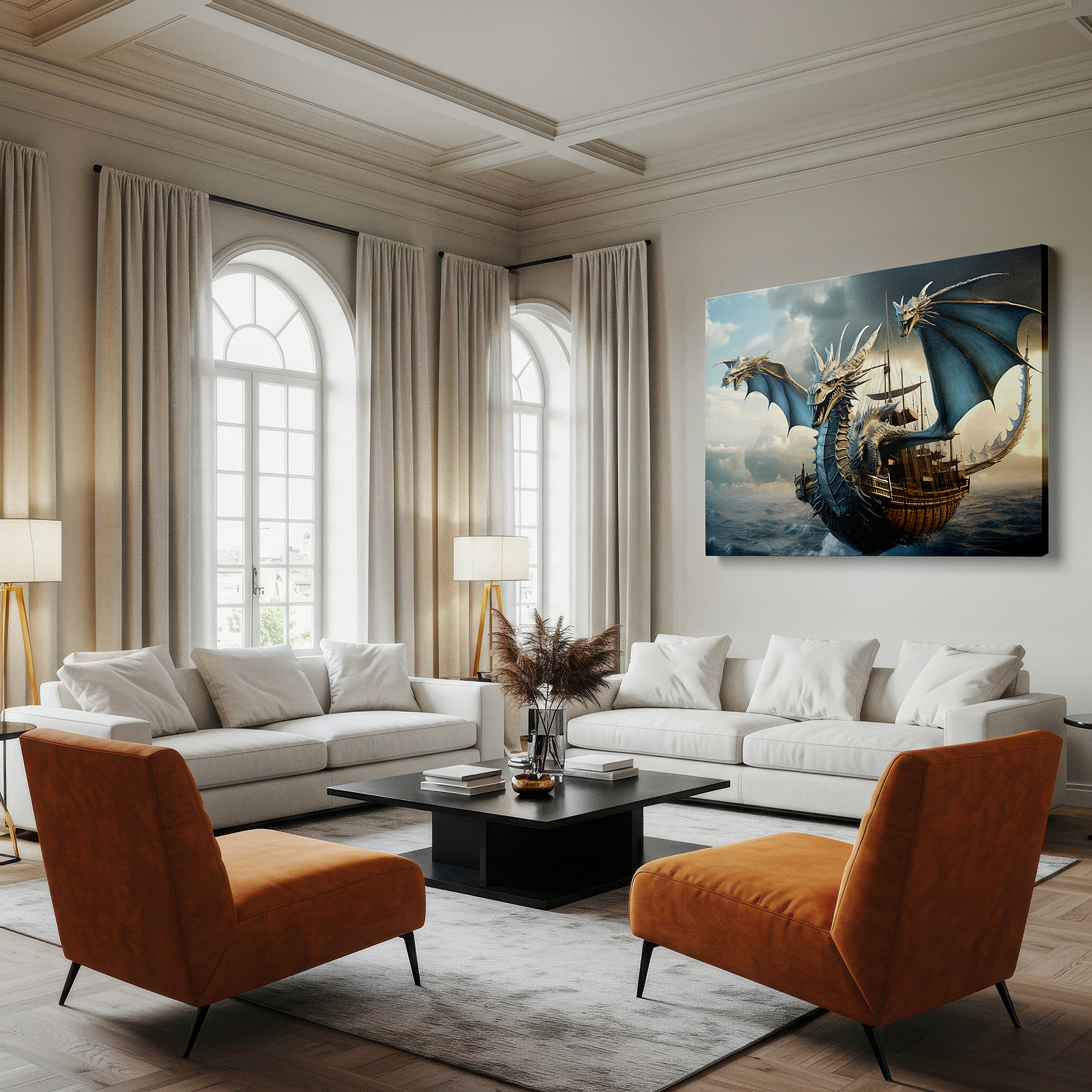 Lighting brings out layered depth in the print’s surface grain — mythical dragon and ancient ship canvas art: stormy skies large wall decor for office, bedroom, and living room