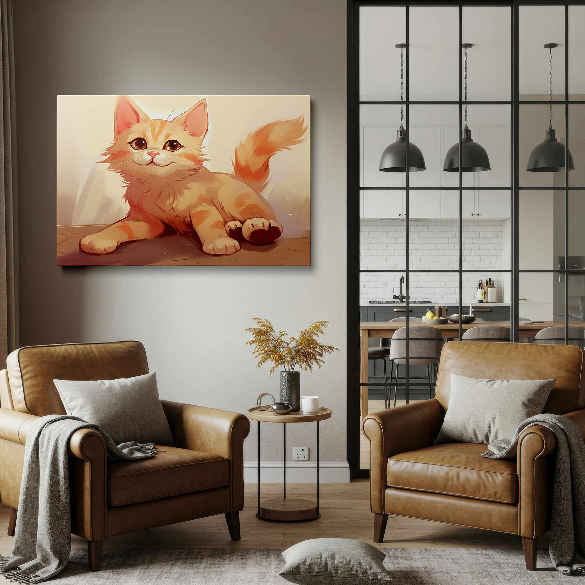 Lighting brings out layered depth in the print’s surface grain — peaceful ginger cat in cozy comfort: symbolizing domestic warmth - large wall art, canvas wall art, wall decor for office and bedroom