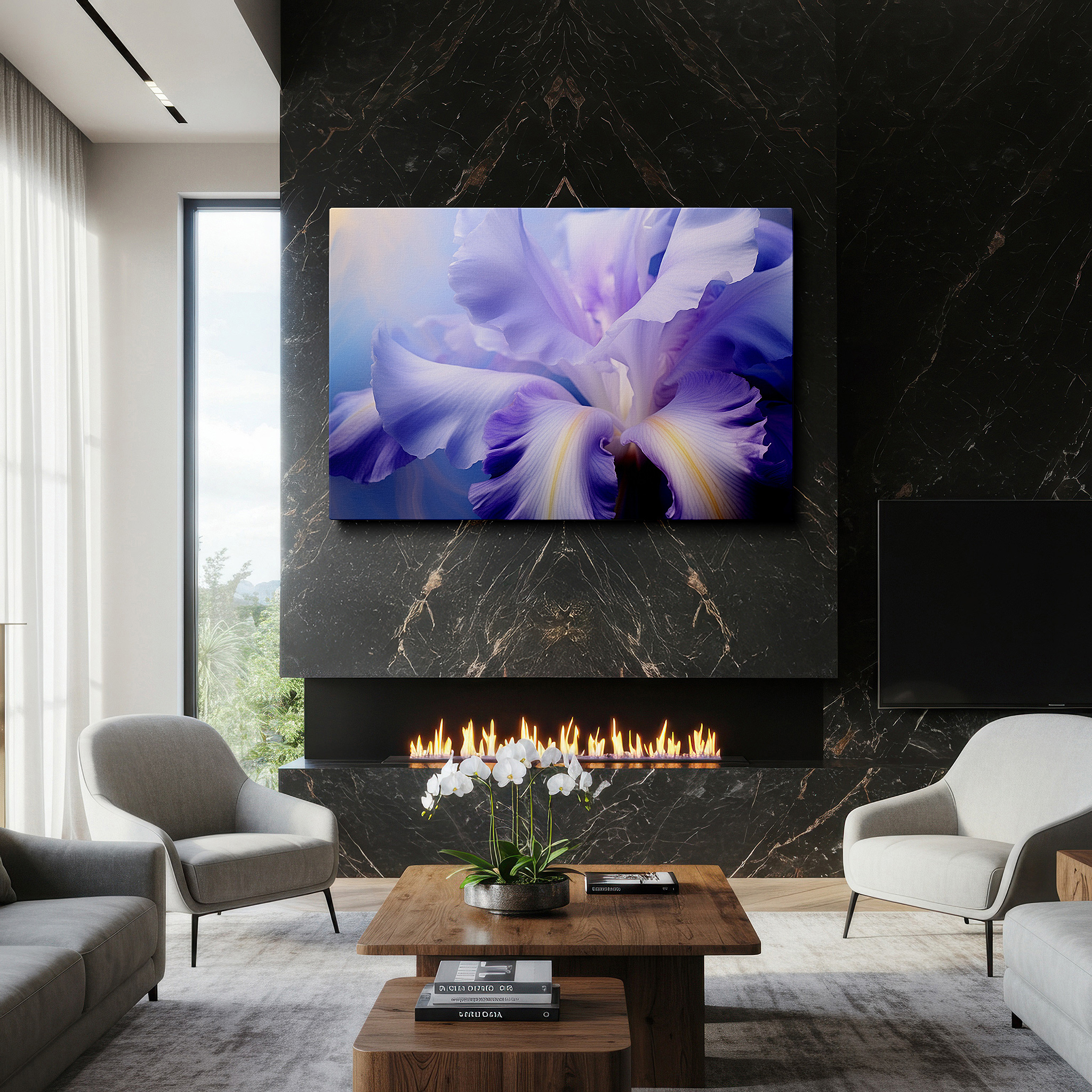 Lighting brings out layered depth in the print’s surface grain — purple iris close-up: serene masterpiece for tranquil spaces - large canvas wall art ideal for office and bedroom decor