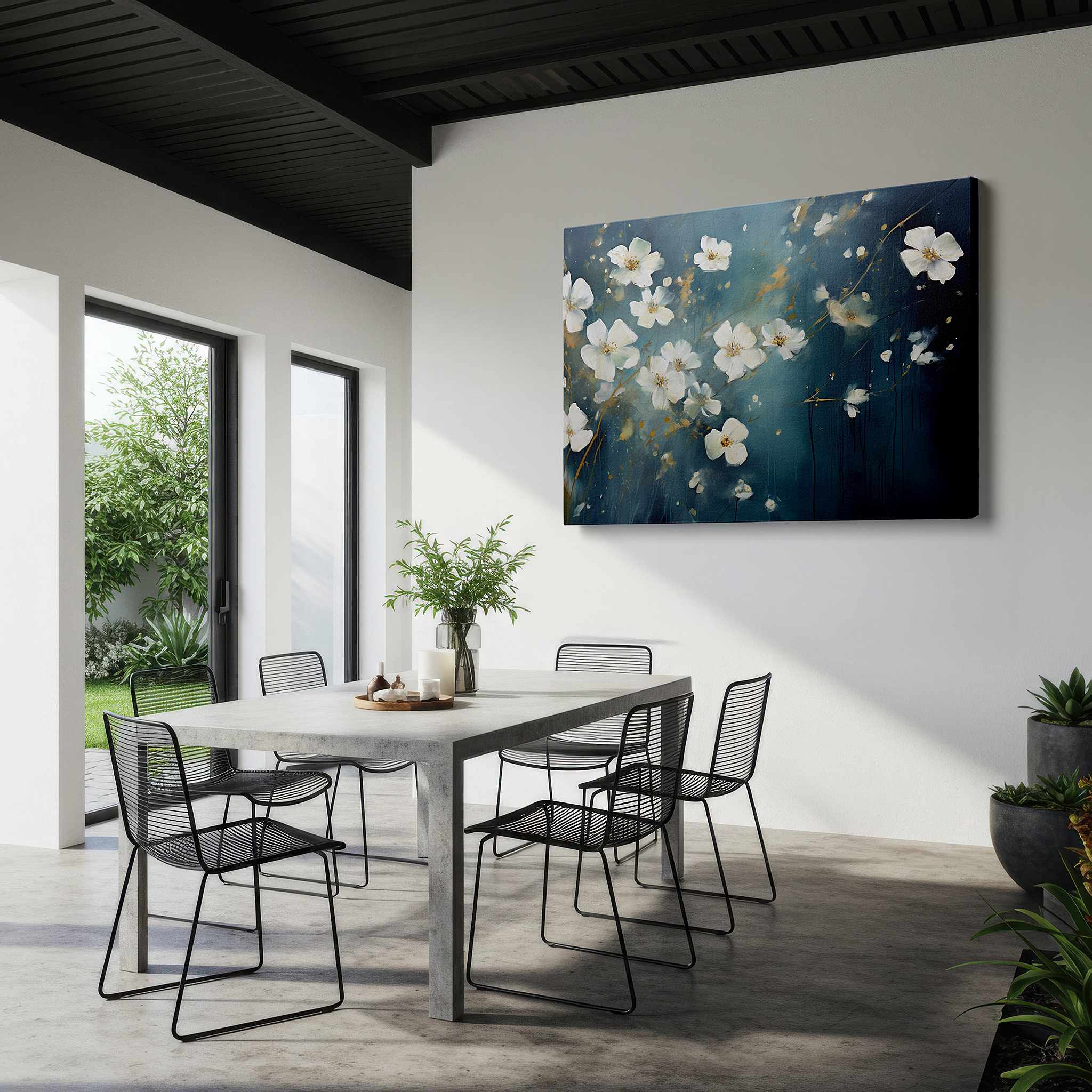 Lighting brings out layered depth in the print’s surface grain — resilient white flowers against dark backgrounds: striking contrast in modern decor, large canvas wall art for offices and homes