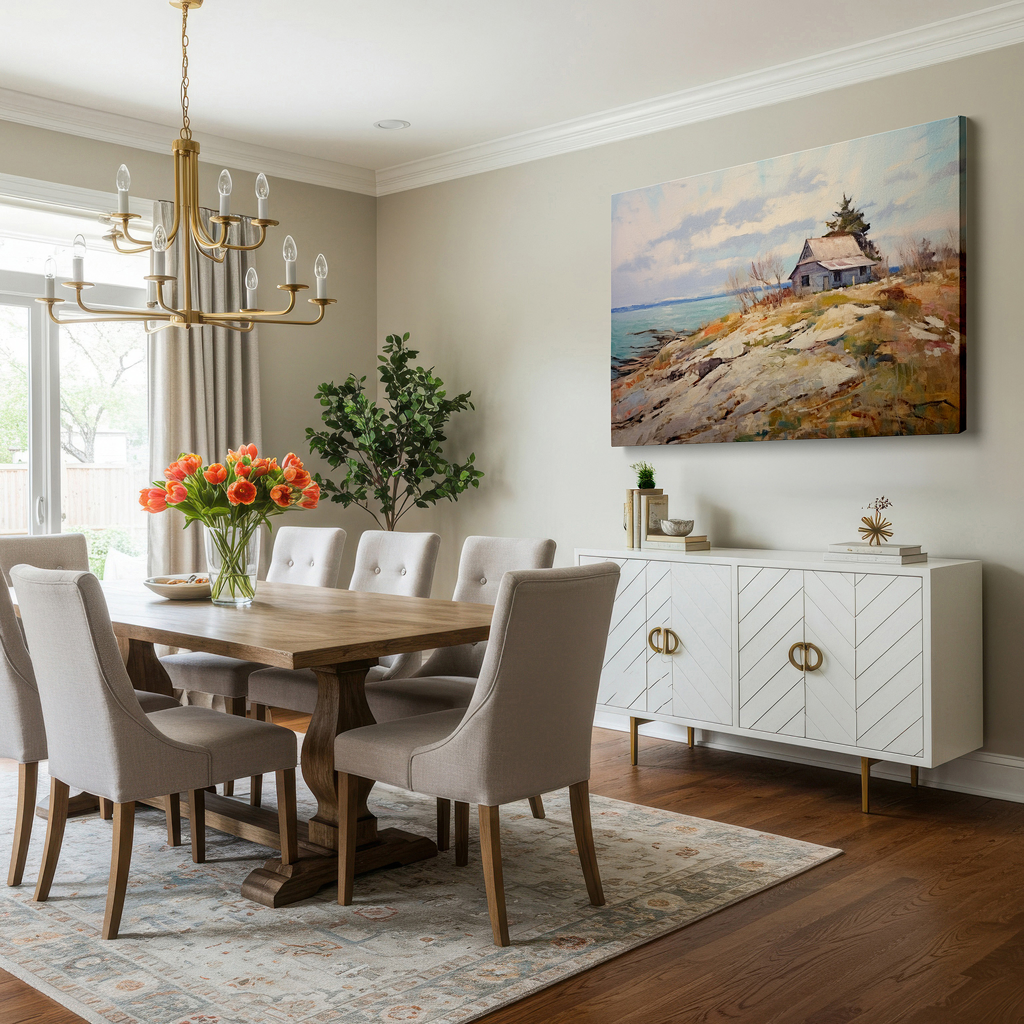Lighting brings out layered depth in the print’s surface grain — rustic coastal cabin retreat large wall art - tranquil waters canvas, home and office decor