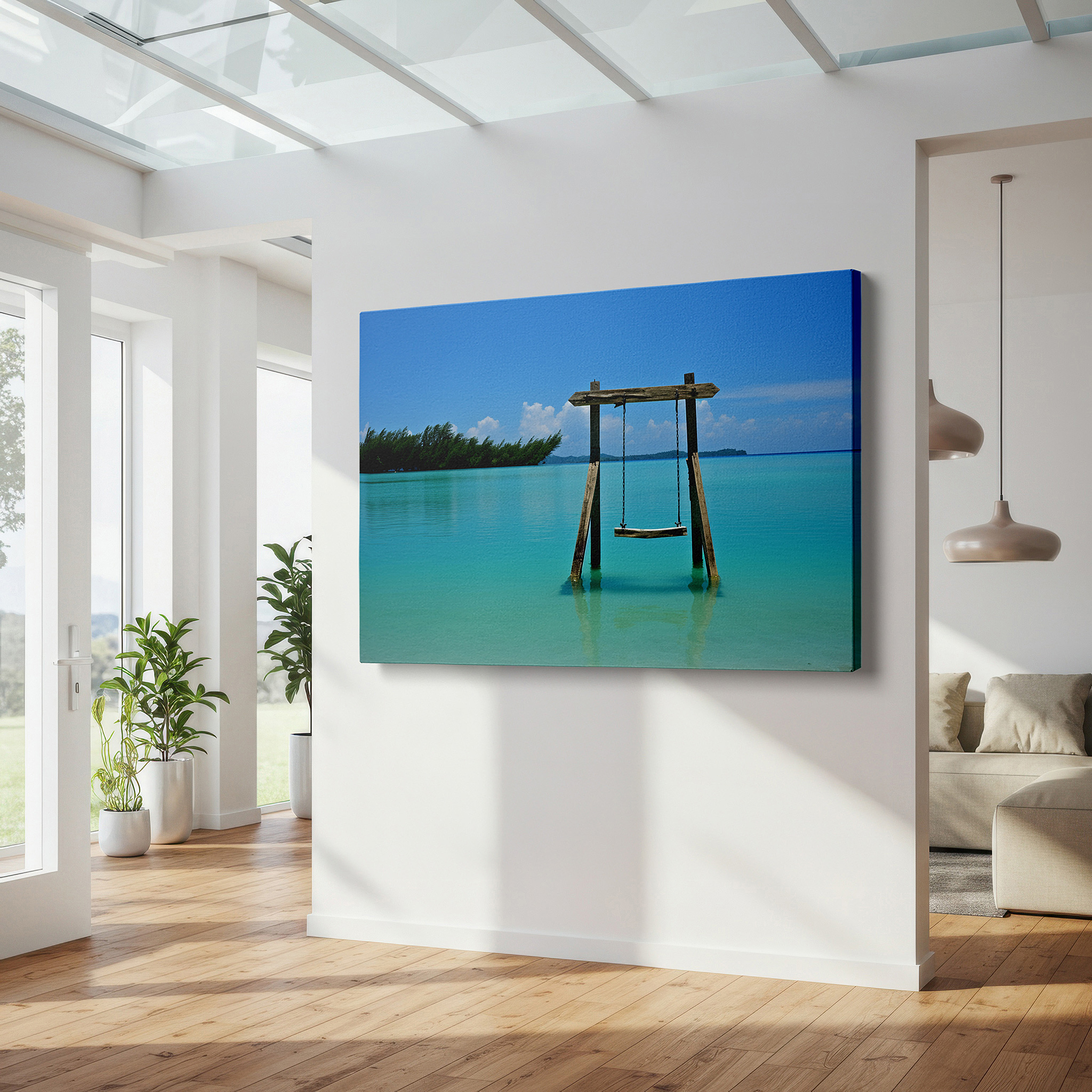 Lighting brings out layered depth in the print’s surface grain — serene beach landscape featuring a lone swing above turquoise waters - large canvas wall art for office, bedroom, and living room decor