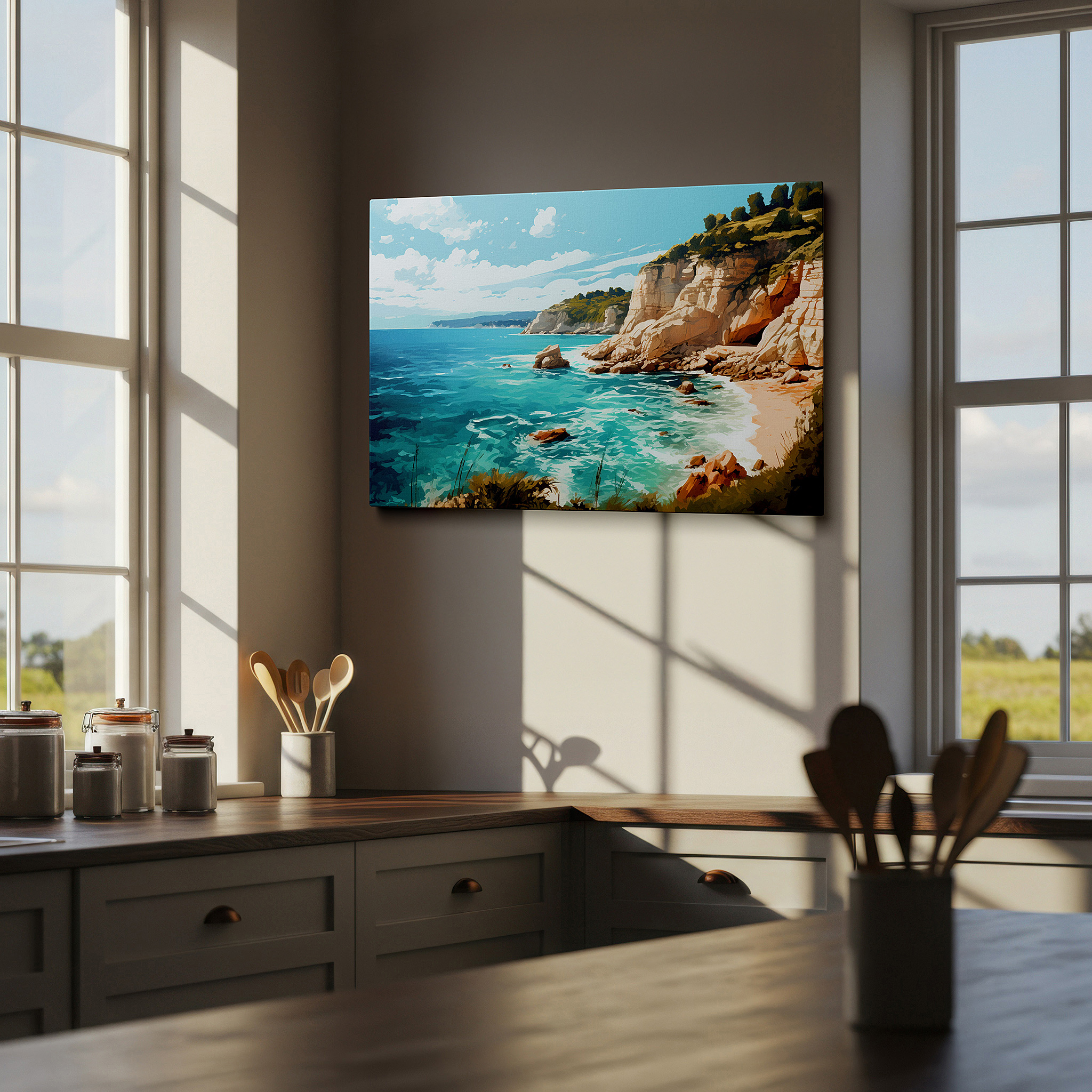 Lighting brings out layered depth in the print’s surface grain — serene coastal scenery with blue waters and verdant foliage, oversized wall art, canvas print, home and office decor, bedroom wall art