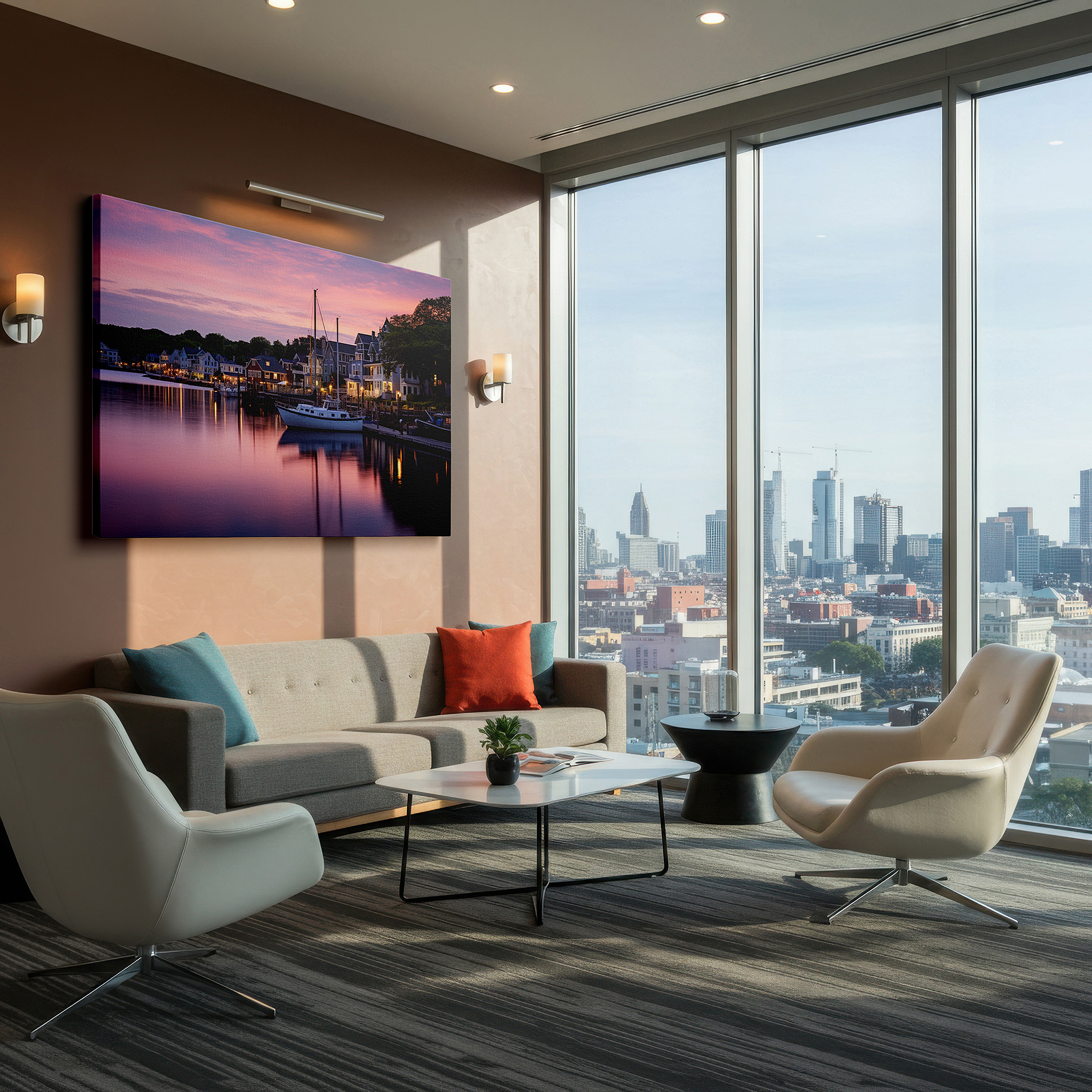 Lighting brings out layered depth in the print’s surface grain — serene dockside dusk - tranquil coastal evening wall art in vibrant hues, large canvas for home and office decor, perfect for living room and bedroom