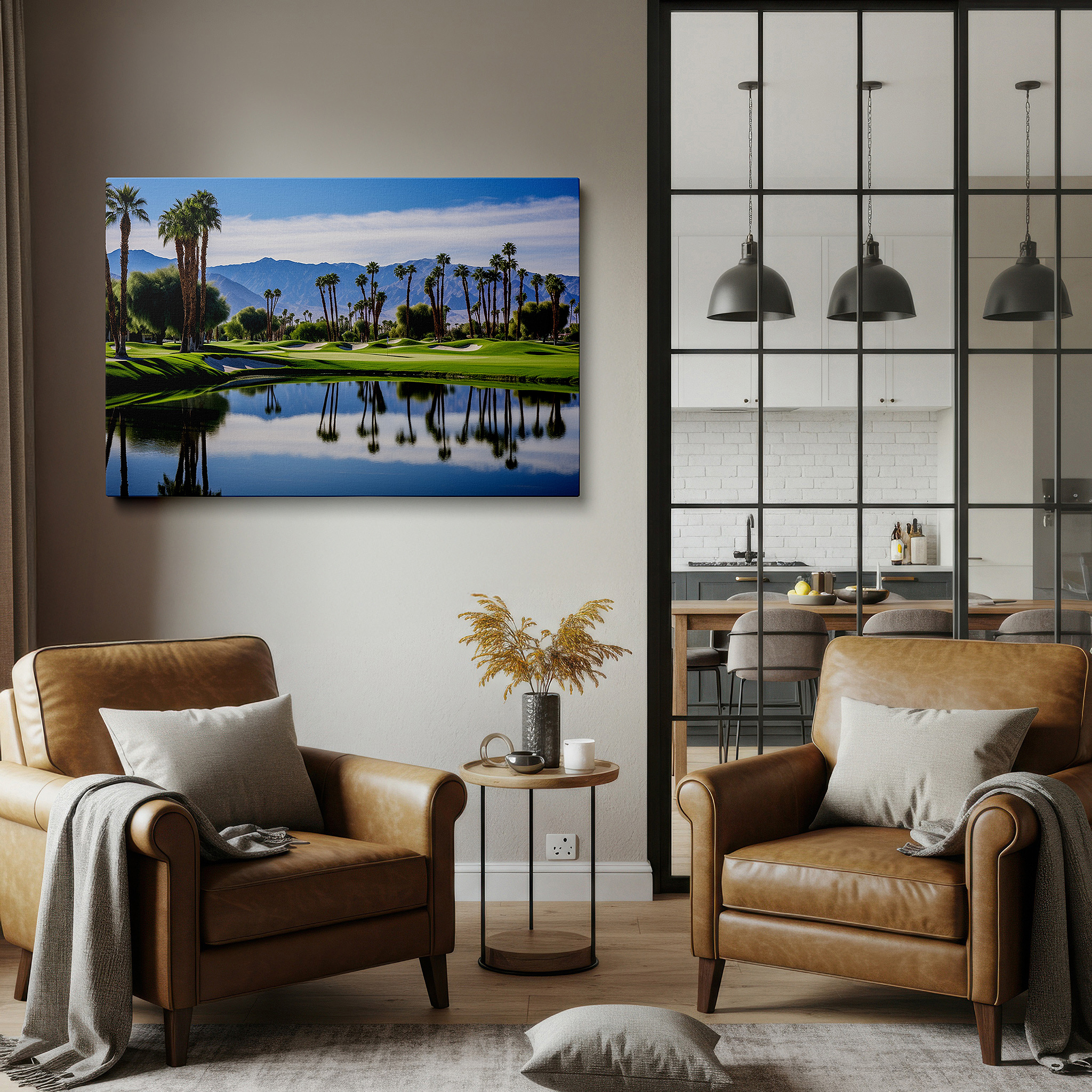 Lighting brings out layered depth in the print’s surface grain — serene golf course oasis wall art featuring lush greens, tranquil lake, and majestic mountains - perfect for office or bedroom decor
