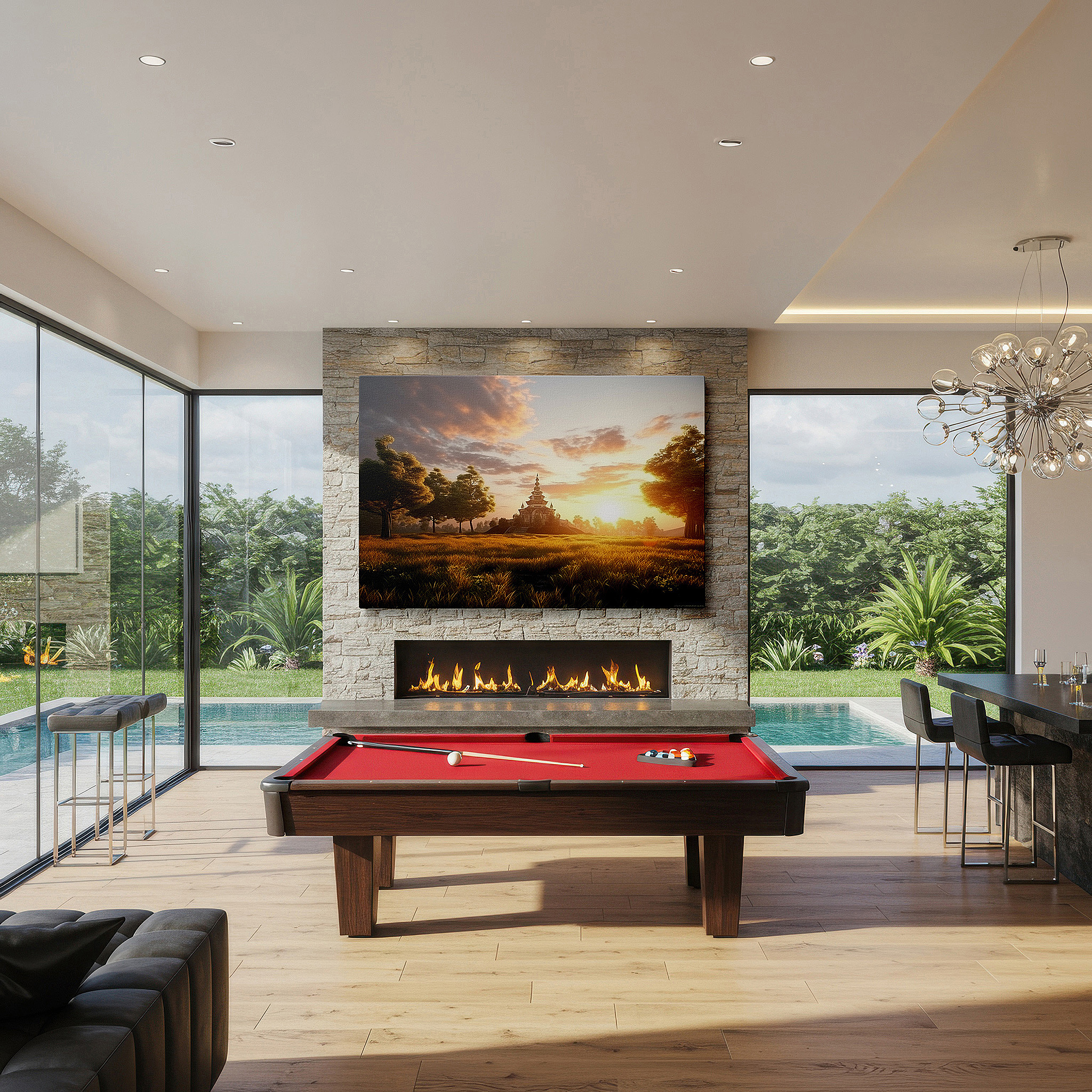 Lighting brings out layered depth in the print’s surface grain — serene pagoda amidst lush landscape bathed in sunset's golden light - large canvas wall art for office and bedroom decor