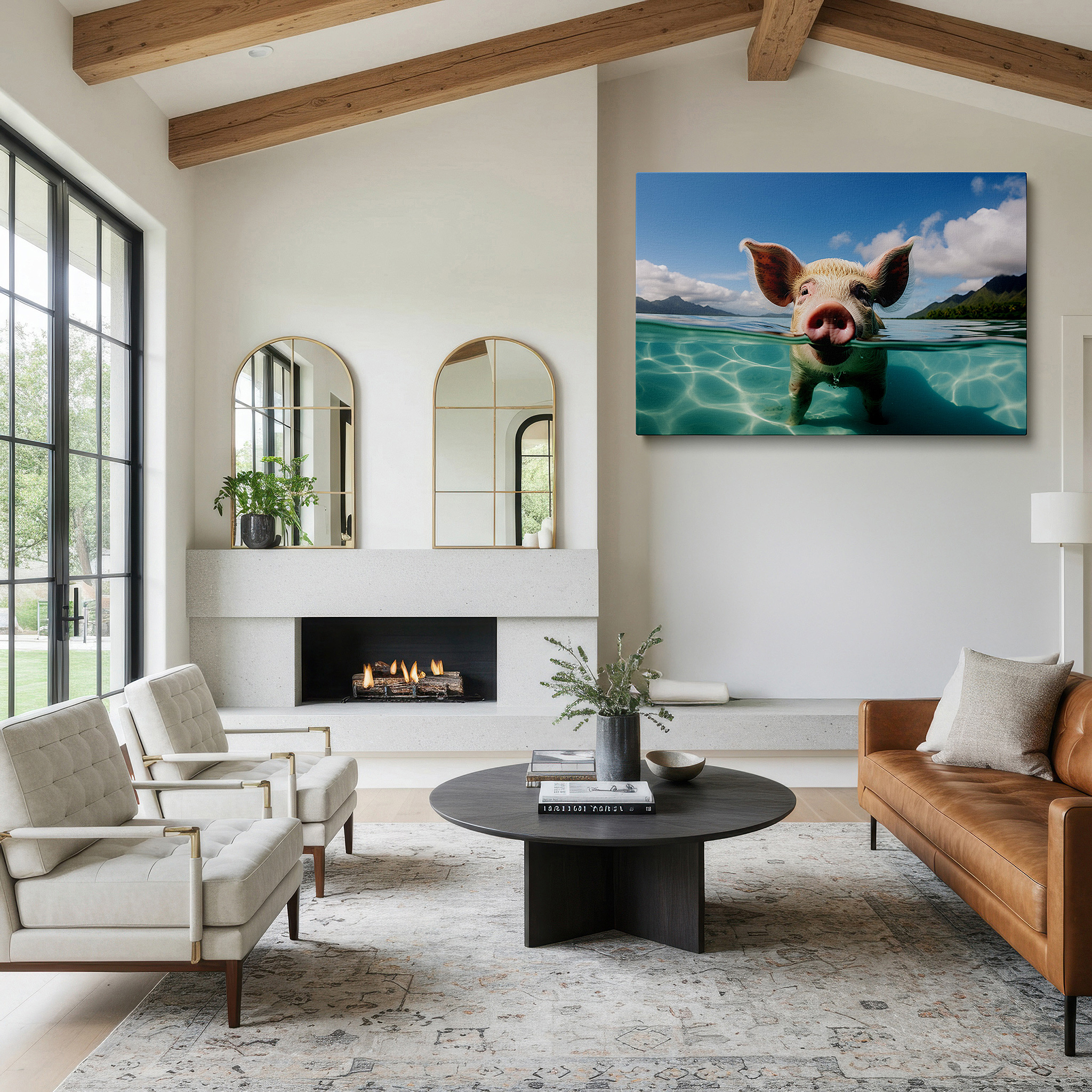 Lighting brings out layered depth in the print’s surface grain — serene pig floating in crystal waters with tropical mountain backdrop - large canvas wall art for office and bedroom decor