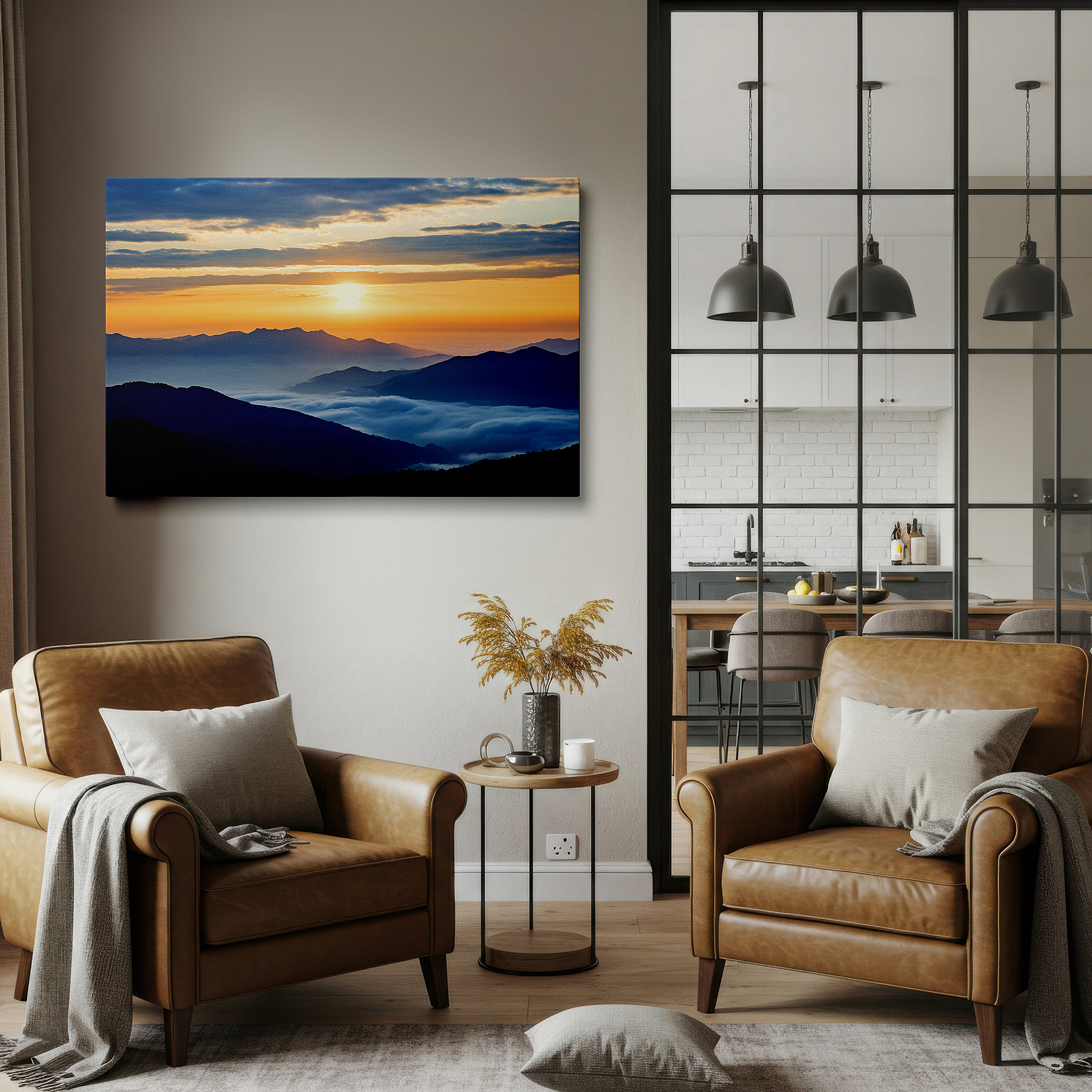 Lighting brings out layered depth in the print’s surface grain — serene sunset over lush mountain valleys: a tranquil golden hour masterpiece - large canvas wall art for office and bedroom decor