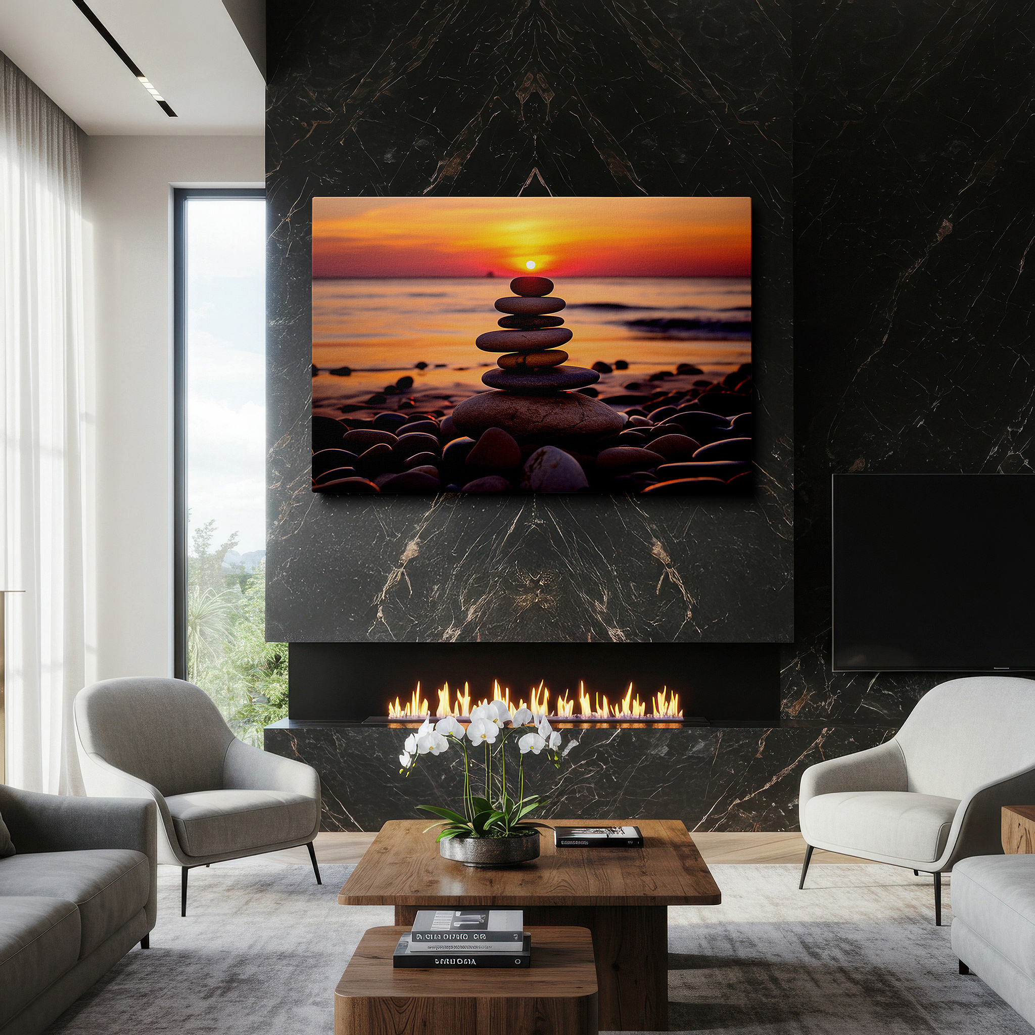 Lighting brings out layered depth in the print’s surface grain — serene sunset at pebble beach featuring balanced stones, symbolizing harmony and peace - large canvas wall art for home and office decor