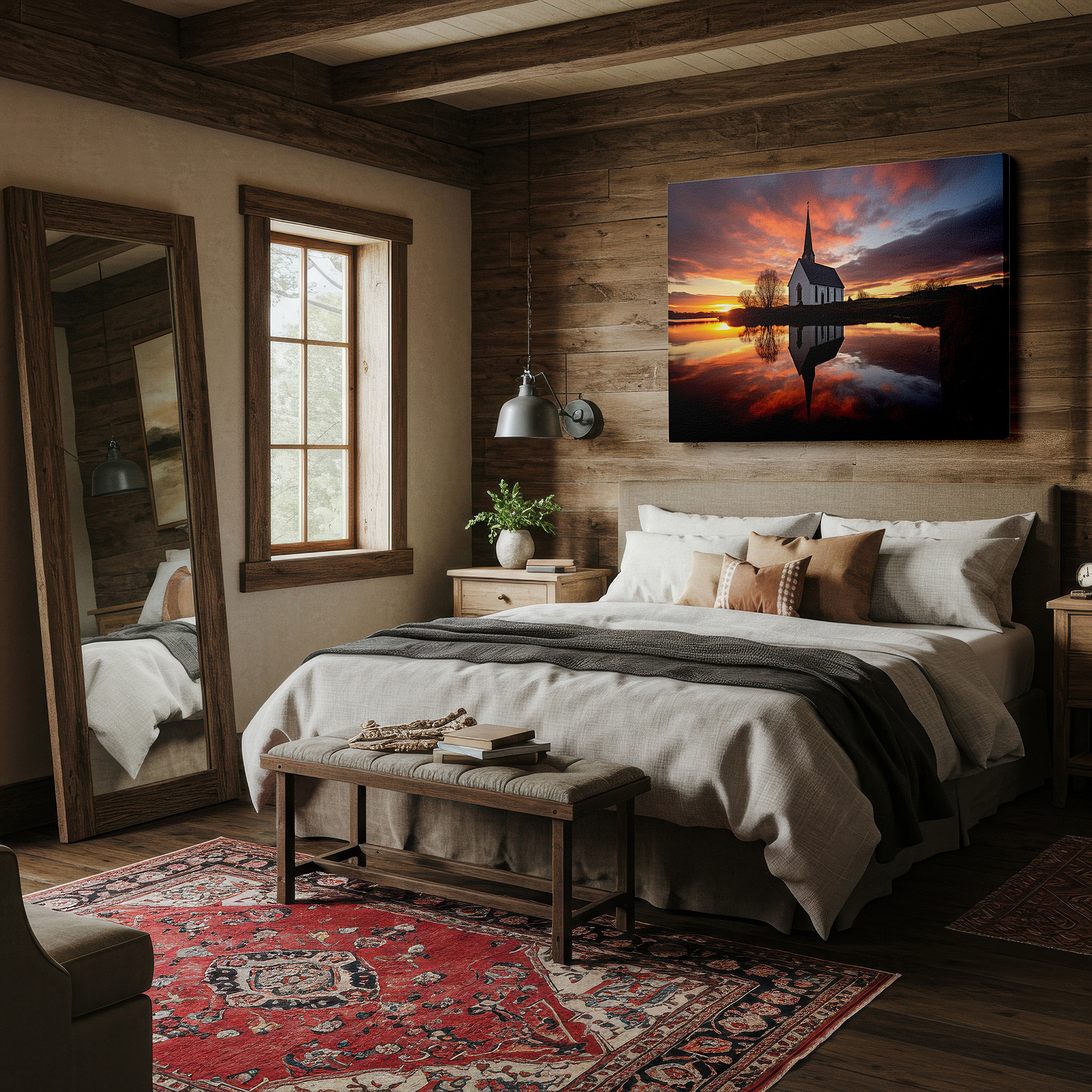 Lighting brings out layered depth in the print’s surface grain — serene sunset and quaint church reflections by a lake - nature and architecture masterpiece large wall art, canvas wall art, wall decor for office