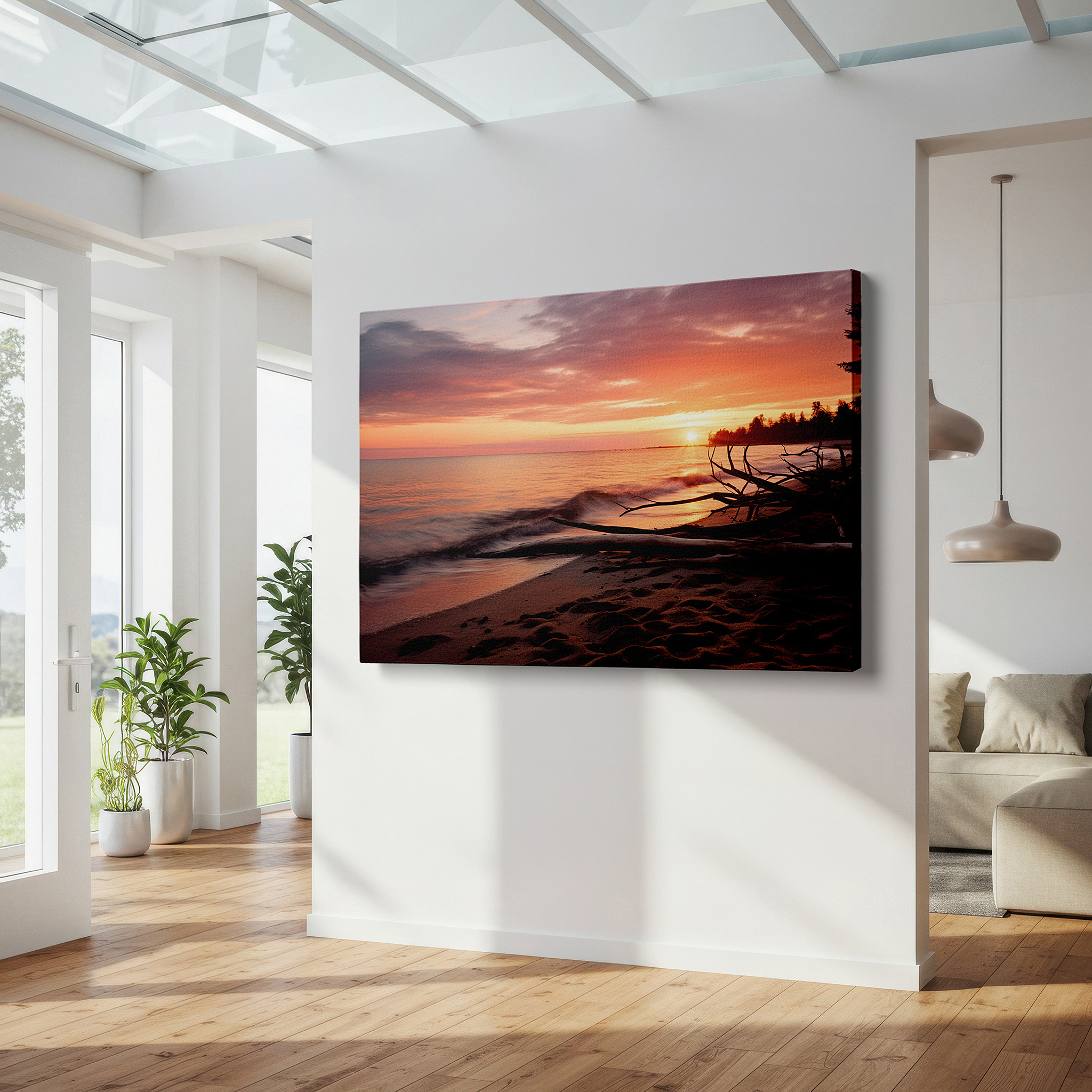 Lighting brings out layered depth in the print’s surface grain — serene sunset and tranquil lake canvas print with driftwood highlights - large wall decor for office, bedroom, and living room