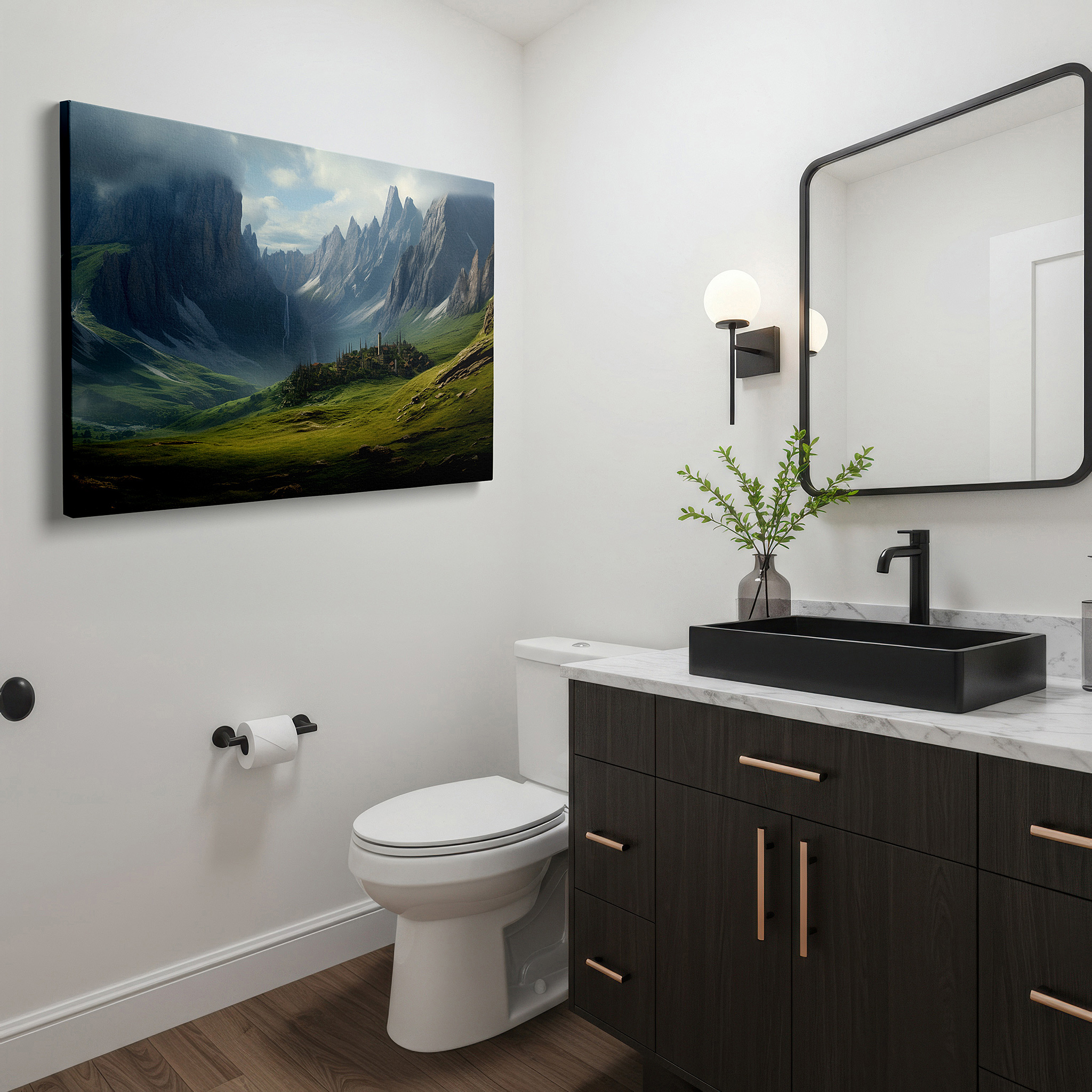 Lighting brings out layered depth in the print’s surface grain — serene valley oasis featuring majestic mountains and tranquil village - large wall art with cascading waterfall, canvas wall art for office decor