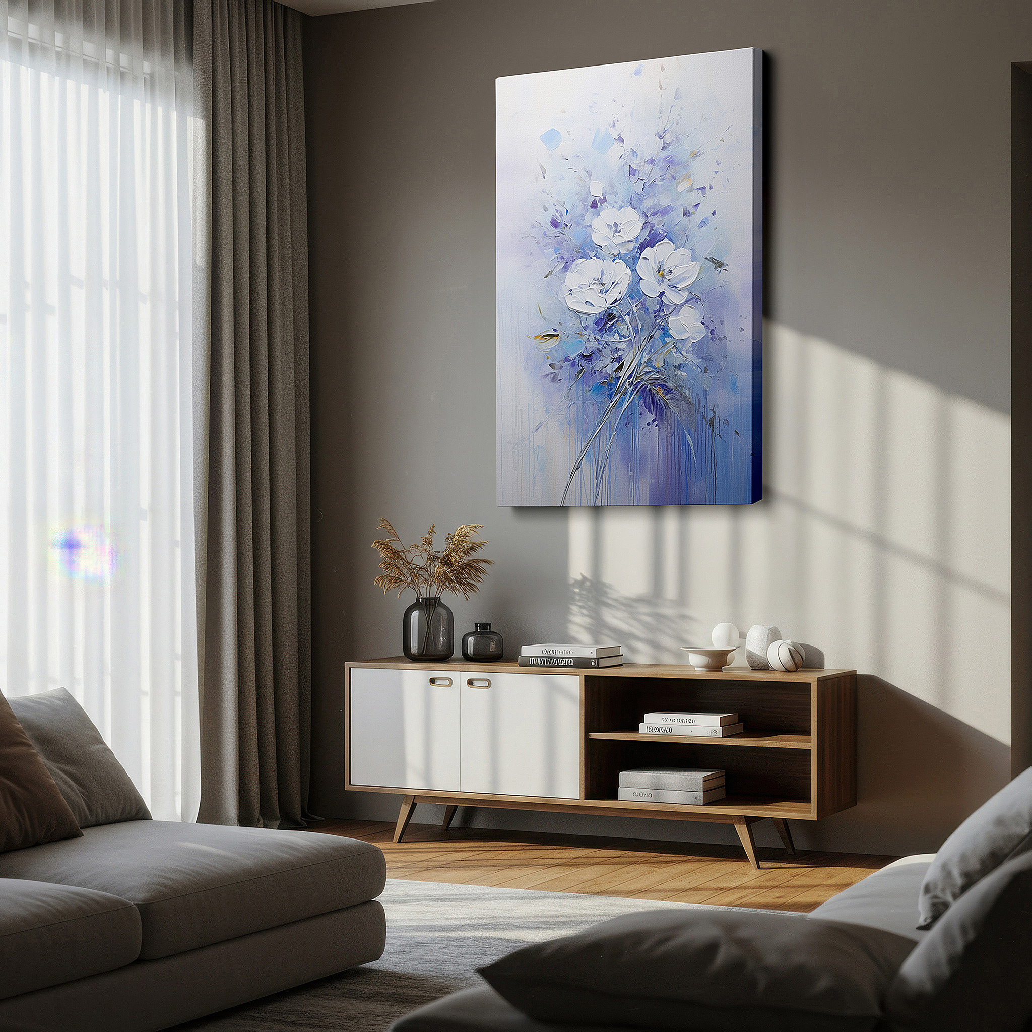 Lighting brings out layered depth in the print’s surface grain — serene white flowers on soft purple background - large canvas wall art for office decor