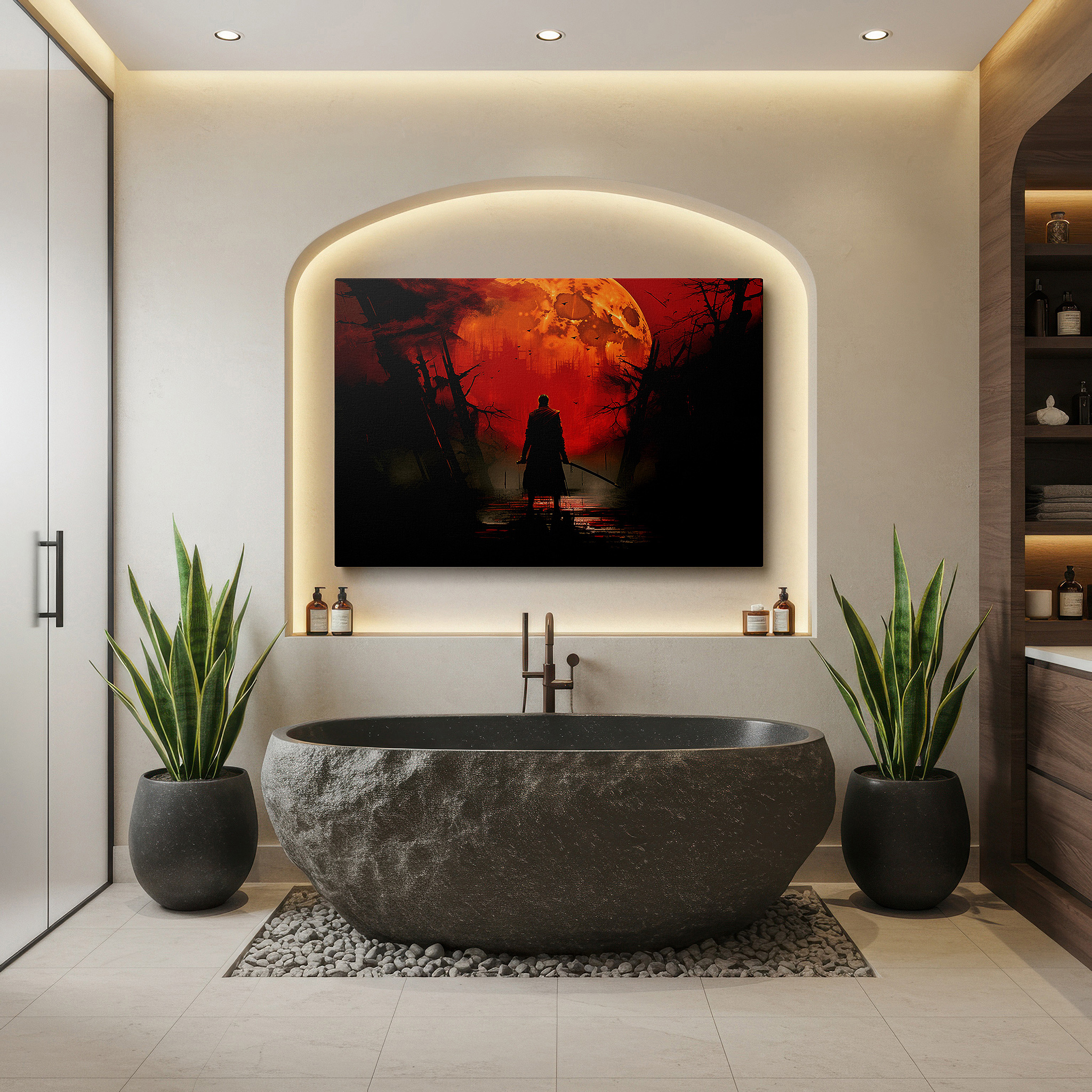 Lighting brings out layered depth in the print’s surface grain — silhouetted figure against a red moon in a haunting, shadowy landscape: large canvas wall art for office and bedroom decor