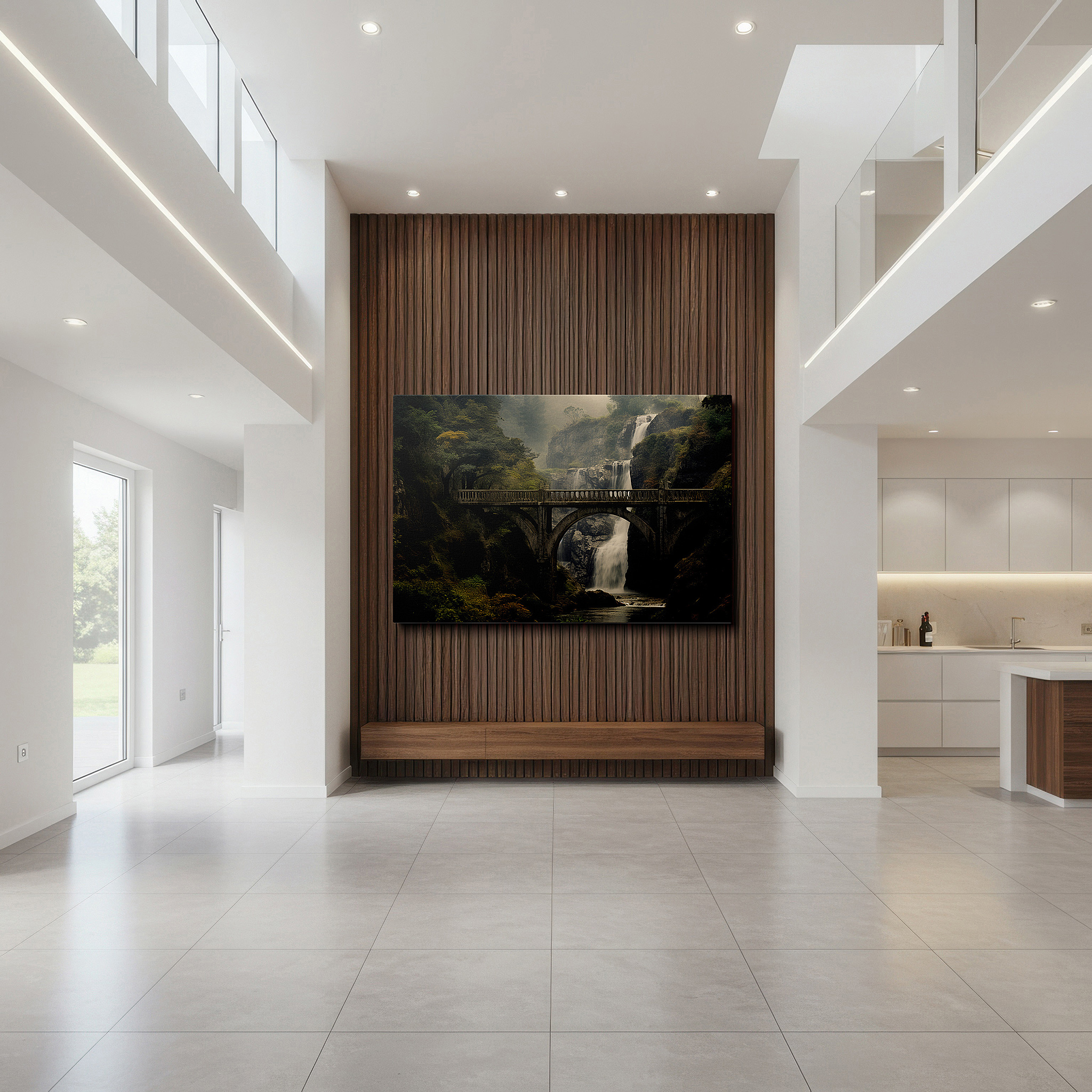 Lighting brings out layered depth in the print’s surface grain — stunning circular bridge and waterfall scene wall art: a fusion of architectural brilliance and natural beauty, large canvas wall decor