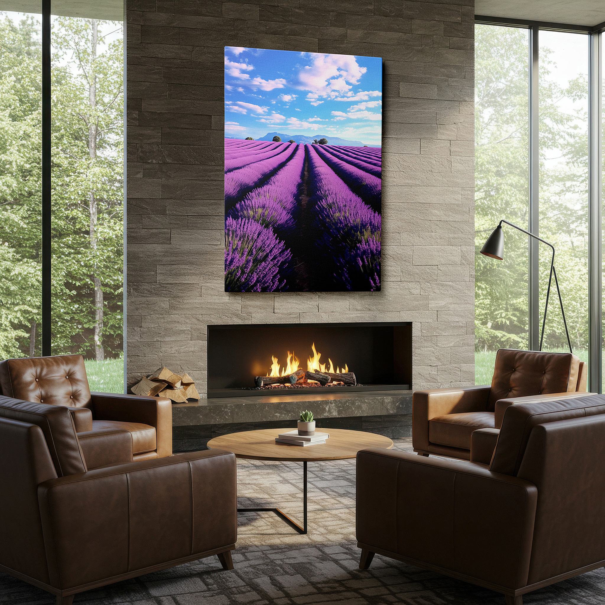 Lighting brings out layered depth in the print’s surface grain — sunlit lavender fields, tranquil nature large canvas wall art for office, bedroom, and living room decor