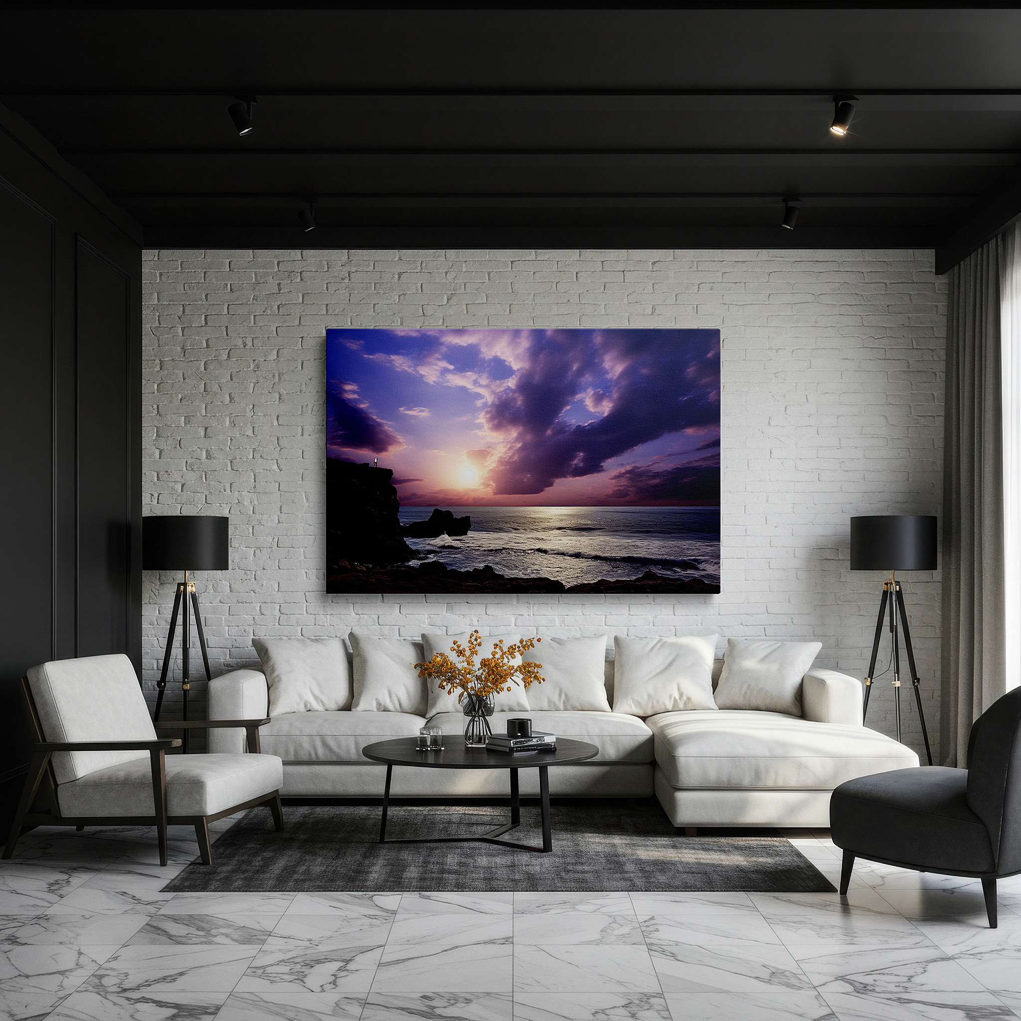 Lighting brings out layered depth in the print’s surface grain — sunset over ocean: serene sanctuary with fiery skies and whispering waves - large canvas wall art for home and office decor
