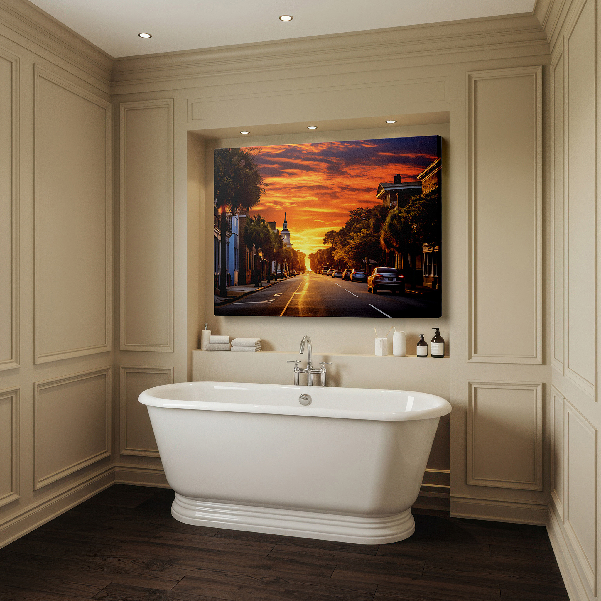 Lighting brings out layered depth in the print’s surface grain — sunset serenade on a historic city street: large canvas wall art featuring warm hues and tropical vibes, ideal for office wall decor